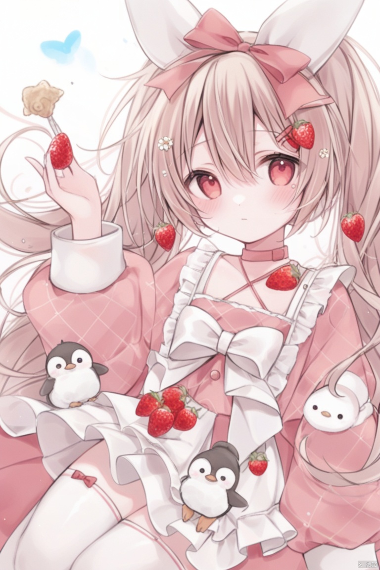 1girl, solo, long hair, looking at viewer, blush, bangs, brown hair, hair ornament, red eyes, thighhighs, long sleeves, white background, dress, bow, holding, hair between eyes, twintails, sitting, very long hair, closed mouth, flower, hair bow, heart, hairband, frills, food, choker, hairclip, puffy sleeves, hair flower, red bow, white thighhighs, fruit, bird, animal, no shoes, holding food, white flower, pink dress, puffy long sleeves, strawberry, food-themed hair ornament, penguin, strawberry hair ornament