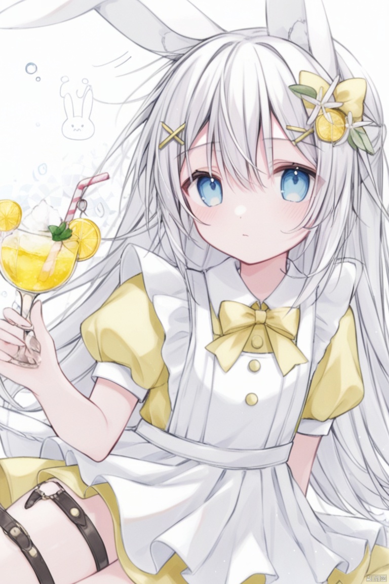 1girl, solo, long hair, looking at viewer, bangs, blue eyes, hair ornament, dress, bow, holding, animal ears, hair between eyes, sitting, closed mouth, white hair, short sleeves, hair bow, food, hairclip, puffy sleeves, rabbit ears, apron, cup, puffy short sleeves, animal ear fluff, thigh strap, fruit, animal, x hair ornament, white apron, yellow bow, drinking glass, frilled apron, rabbit, collared dress, yellow dress, lemon, lemon slice