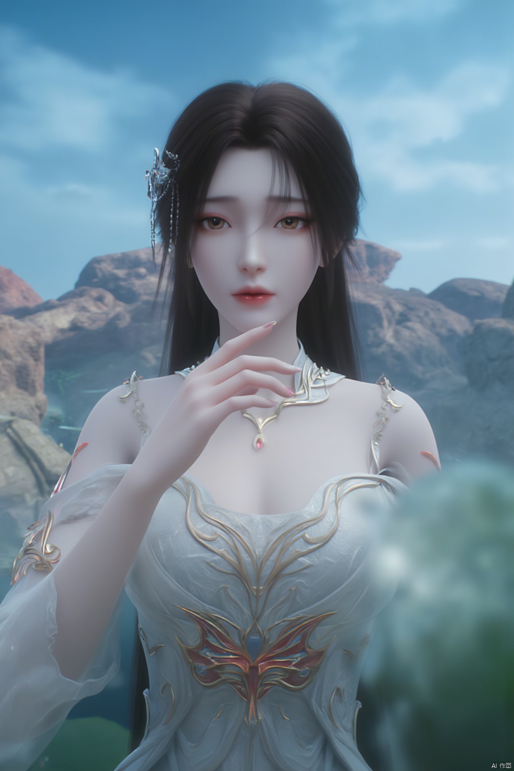1girl, solo, breasts, looking at viewer, brown hair, black hair, hair ornament, dress, cleavage, jewelry, big breasts, upper body, earrings, parted lips, chinese clothes,Xdajisi,(Lotus, lotus pond, ancient Chinese architecture, blue sky and white clouds:1.29),,XhuolingerXjinpinger,Xluxueqi,Xtifa,Xyuanyao