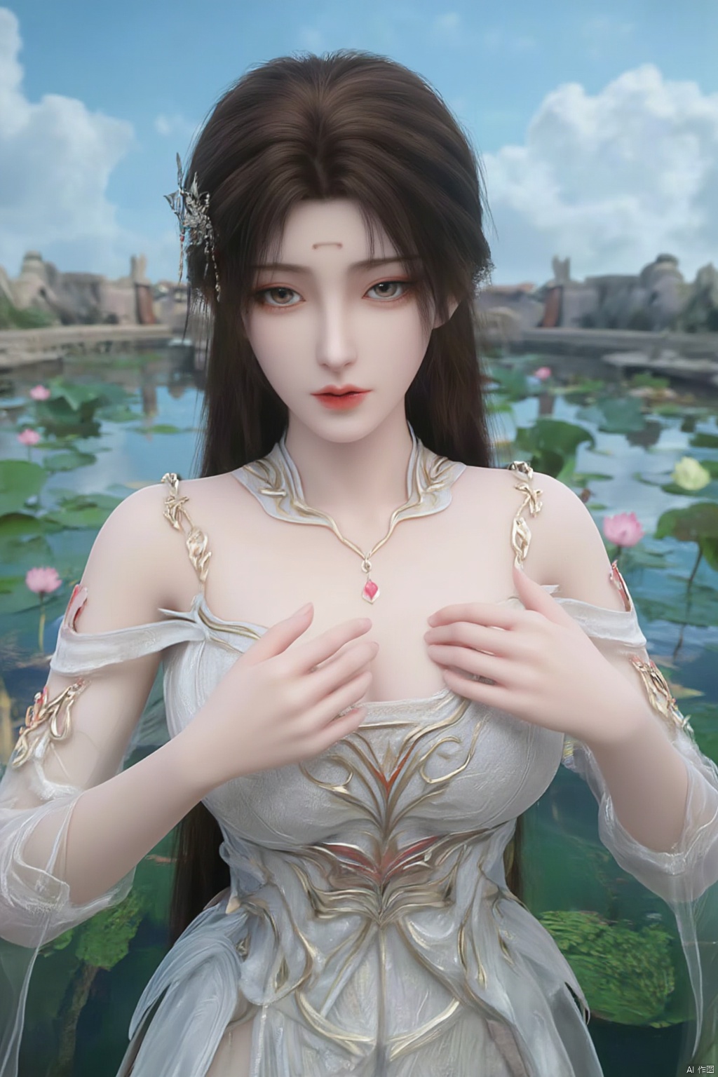 1girl, solo, breasts, looking at viewer, brown hair, black hair, hair ornament, dress, cleavage, jewelry, big breasts, upper body, earrings, parted lips, chinese clothes,Xdajisi,(Lotus, lotus pond, ancient Chinese architecture, blue sky and white clouds:1.29),,XhuolingerXjinpinger,Xluxueqi,Xtifa,Xyuanyao