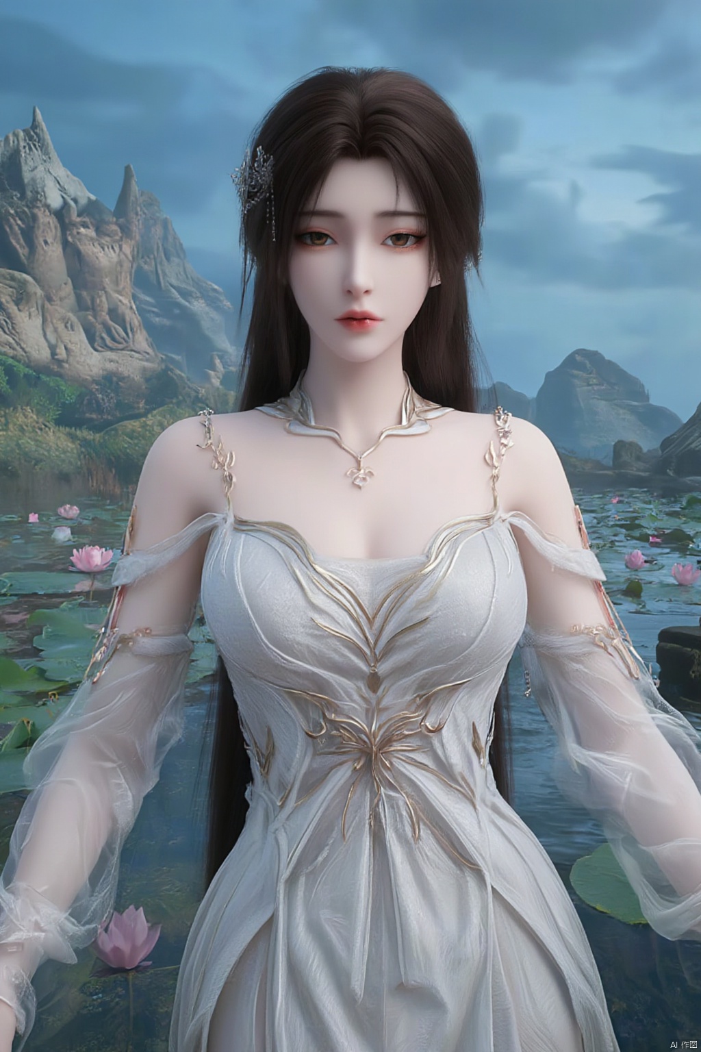 1girl, solo, breasts, looking at viewer, brown hair, black hair, hair ornament, dress, cleavage, jewelry, big breasts, upper body, earrings, parted lips, chinese clothes,Xdajisi,(Lotus, lotus pond, ancient Chinese architecture, blue sky and white clouds:1.29),,XhuolingerXjinpinger,Xluxueqi,Xtifa,Xyuanyao