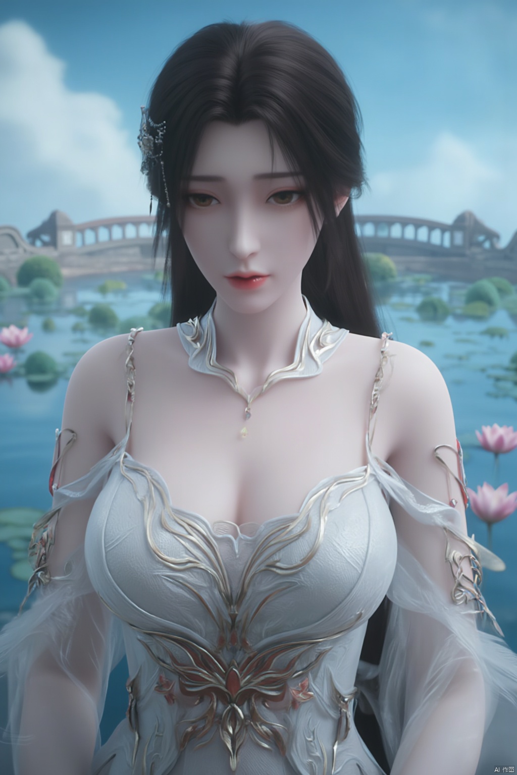 1girl, solo, breasts, looking at viewer, brown hair, black hair, hair ornament, dress, cleavage, jewelry, big breasts, upper body, earrings, parted lips, chinese clothes,Xdajisi,(Lotus, lotus pond, ancient Chinese architecture, blue sky and white clouds:1.29),,XhuolingerXjinpinger,Xluxueqi,Xtifa,Xyuanyao