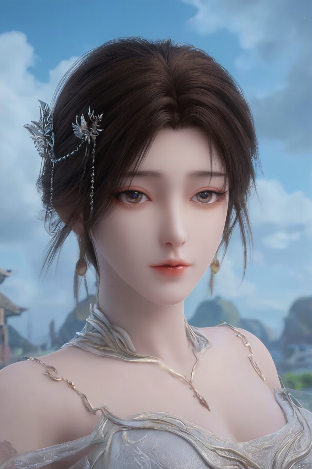1girl, solo, breasts, looking at viewer, brown hair, black hair, hair ornament, dress, cleavage, jewelry, big breasts, upper body, earrings, parted lips, chinese clothes,Xdajisi,(Lotus, lotus pond, ancient Chinese architecture, blue sky and white clouds:1.29),,XhuolingerXjinpinger,Xluxueqi,Xtifa,Xyuanyao