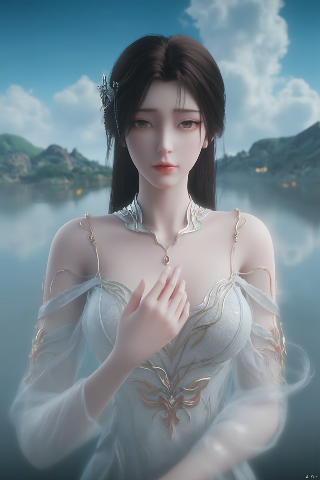 1girl, solo, breasts, looking at viewer, brown hair, black hair, hair ornament, dress, cleavage, jewelry, big breasts, upper body, earrings, parted lips, chinese clothes,Xdajisi,(Lotus, lotus pond, ancient Chinese architecture, blue sky and white clouds:1.29),,XhuolingerXjinpinger,Xluxueqi,Xtifa,Xyuanyao