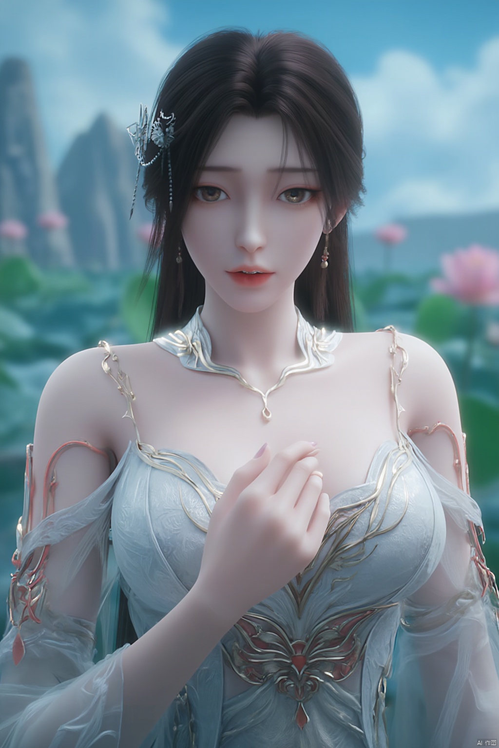 1girl, solo, breasts, looking at viewer, brown hair, black hair, hair ornament, dress, cleavage, jewelry, big breasts, upper body, earrings, parted lips, chinese clothes,Xdajisi,(Lotus, lotus pond, ancient Chinese architecture, blue sky and white clouds:1.29),,XhuolingerXjinpinger,Xluxueqi,Xtifa,Xyuanyao