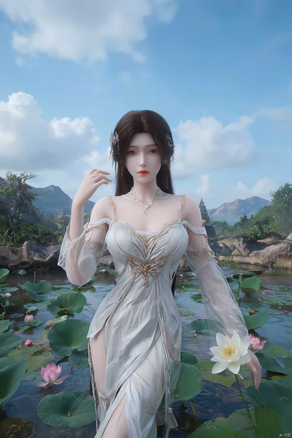 1girl, solo, breasts, looking at viewer, brown hair, black hair, hair ornament, dress, cleavage, jewelry, big breasts, upper body, earrings, parted lips, chinese clothes,Xdajisi,(Lotus, lotus pond, ancient Chinese architecture, blue sky and white clouds:1.29),,XhuolingerXjinpinger,Xluxueqi,Xtifa,Xyuanyao