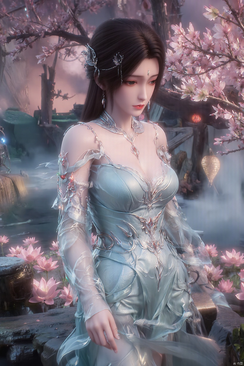  (1girl:1.1), (Lace pink-green skirt:1.39), on Stomach,aqua_earrings,Lights, lanterns, chang,(big breasts:1.59),hanfu, Best quality, Realistic, photorealistic, masterpiece, extremely detailed CG unity 8k wallpaper, best illumination, best shadow, huge filesize ,(huge breasts:1.69) incredibly absurdres, absurdres, looking at viewer, transparent, smog, gauze, vase, petals, room, ancient Chinese style, detailed background, wide shot background,
(((black hair))),(Sitting on the lotus pond porch:1.49) ,(A pond full of pink lotus flowers:1.5),close up of 1girl,Hairpins,hair ornament,hair wings,slim,narrow waist,perfect eyes,beautiful perfect face,pleasant smile,perfect female figure,detailed skin,charming,alluring,seductive,erotic,enchanting,delicate pattern,detailed complex and rich exquisite clothing detail,delicate intricate fabrics,
Morning Serenade In the gentle morning glow, (a woman in a pink lotus-patterned Hanfu stands in an indoor courtyard:1.36),(Chinese traditional dragon and phoenix embroidered Hanfu:1.3), admiring the tranquil garden scenery. The lotus-patterned Hanfu, embellished with silver-thread embroidery, is softly illuminated by the morning light. The light mint green Hanfu imparts a sense of calm and freshness, adorned with delicate lotus patterns, with a blurred background to enhance the peaceful atmosphere, song_hanfu, tang_hanfu, Yunxiao_Fairy,Xtianhuxiaobai,Xhuolinger,Xhuijin,Xdajisi,Xluxueqi,Xqmsht