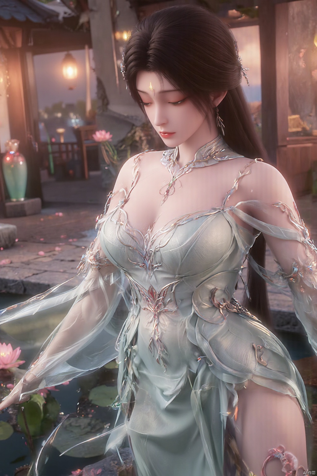  (1girl:1.1), (Lace pink-green skirt:1.39), on Stomach,aqua_earrings,Lights, lanterns, chang,(big breasts:1.59),hanfu, Best quality, Realistic, photorealistic, masterpiece, extremely detailed CG unity 8k wallpaper, best illumination, best shadow, huge filesize ,(huge breasts:1.69) incredibly absurdres, absurdres, looking at viewer, transparent, smog, gauze, vase, petals, room, ancient Chinese style, detailed background, wide shot background,
(((black hair))),(Sitting on the lotus pond porch:1.49) ,(A pond full of pink lotus flowers:1.5),close up of 1girl,Hairpins,hair ornament,hair wings,slim,narrow waist,perfect eyes,beautiful perfect face,pleasant smile,perfect female figure,detailed skin,charming,alluring,seductive,erotic,enchanting,delicate pattern,detailed complex and rich exquisite clothing detail,delicate intricate fabrics,
Morning Serenade In the gentle morning glow, (a woman in a pink lotus-patterned Hanfu stands in an indoor courtyard:1.36),(Chinese traditional dragon and phoenix embroidered Hanfu:1.3), admiring the tranquil garden scenery. The lotus-patterned Hanfu, embellished with silver-thread embroidery, is softly illuminated by the morning light. The light mint green Hanfu imparts a sense of calm and freshness, adorned with delicate lotus patterns, with a blurred background to enhance the peaceful atmosphere, song_hanfu, tang_hanfu, Yunxiao_Fairy,Xtianhuxiaobai,Xhuolinger,Xhuijin,Xdajisi,Xluxueqi,Xqmsht