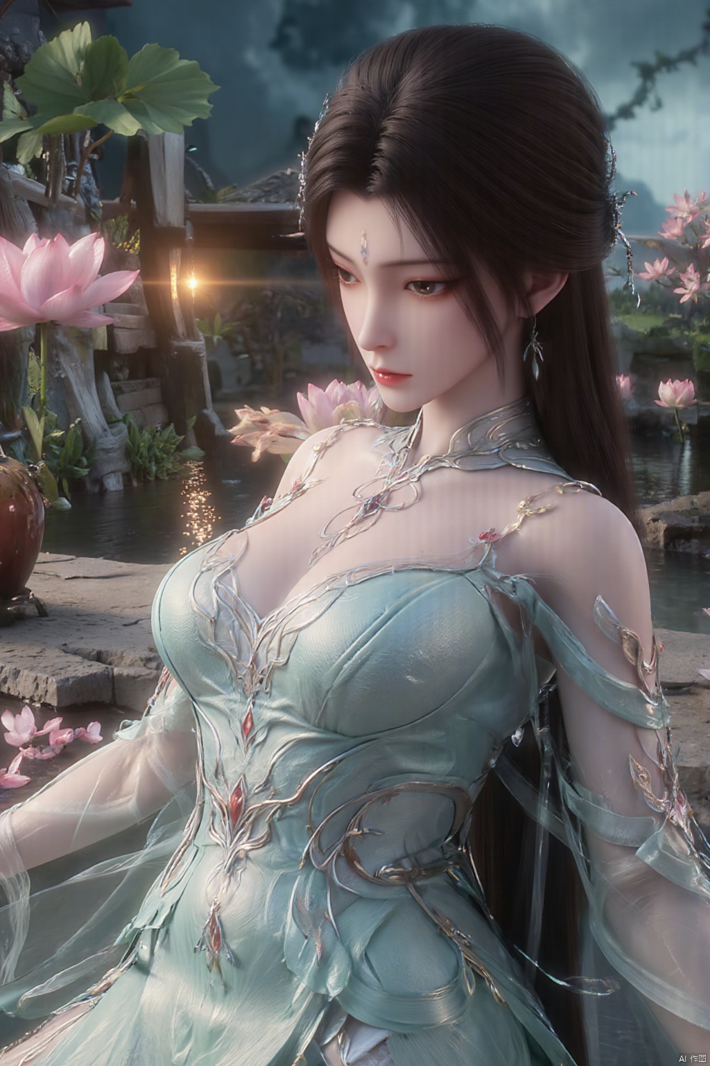  (1girl:1.1), (Lace pink-green skirt:1.39), on Stomach,aqua_earrings,Lights, lanterns, chang,(big breasts:1.59),hanfu, Best quality, Realistic, photorealistic, masterpiece, extremely detailed CG unity 8k wallpaper, best illumination, best shadow, huge filesize ,(huge breasts:1.69) incredibly absurdres, absurdres, looking at viewer, transparent, smog, gauze, vase, petals, room, ancient Chinese style, detailed background, wide shot background,
(((black hair))),(Sitting on the lotus pond porch:1.49) ,(A pond full of pink lotus flowers:1.5),close up of 1girl,Hairpins,hair ornament,hair wings,slim,narrow waist,perfect eyes,beautiful perfect face,pleasant smile,perfect female figure,detailed skin,charming,alluring,seductive,erotic,enchanting,delicate pattern,detailed complex and rich exquisite clothing detail,delicate intricate fabrics,
Morning Serenade In the gentle morning glow, (a woman in a pink lotus-patterned Hanfu stands in an indoor courtyard:1.36),(Chinese traditional dragon and phoenix embroidered Hanfu:1.3), admiring the tranquil garden scenery. The lotus-patterned Hanfu, embellished with silver-thread embroidery, is softly illuminated by the morning light. The light mint green Hanfu imparts a sense of calm and freshness, adorned with delicate lotus patterns, with a blurred background to enhance the peaceful atmosphere, song_hanfu, tang_hanfu, Yunxiao_Fairy,Xtianhuxiaobai,Xhuolinger,Xhuijin,Xdajisi,Xluxueqi,Xqmsht