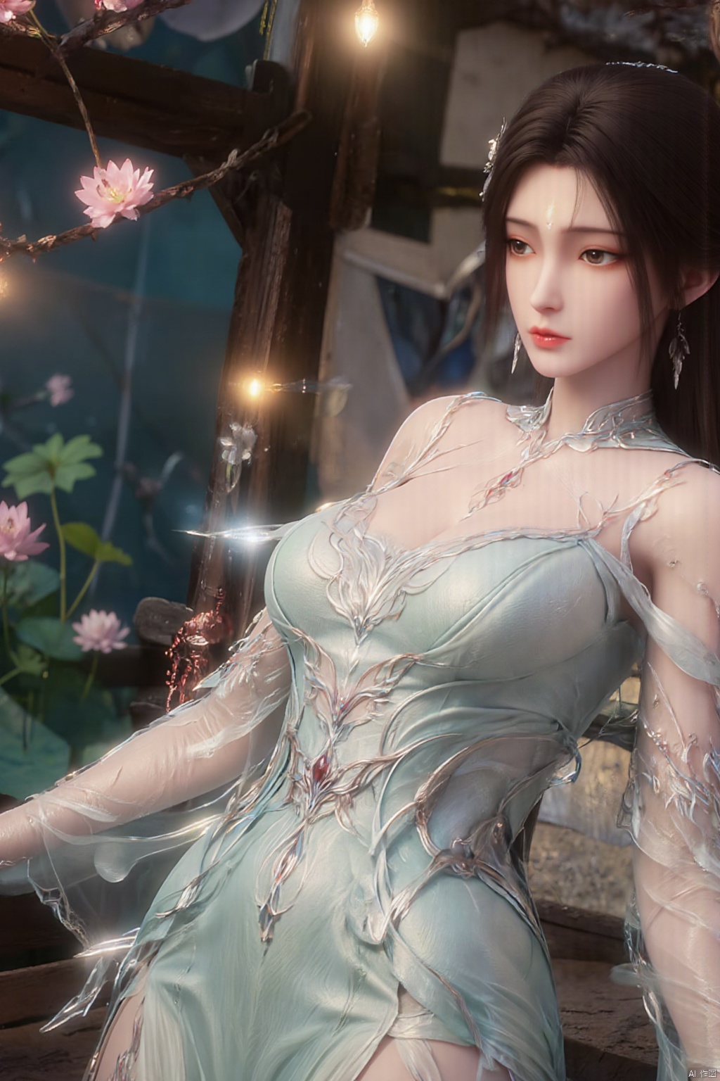  (1girl:1.1), (Lace pink-green skirt:1.39), on Stomach,aqua_earrings,Lights, lanterns, chang,(big breasts:1.59),hanfu, Best quality, Realistic, photorealistic, masterpiece, extremely detailed CG unity 8k wallpaper, best illumination, best shadow, huge filesize ,(huge breasts:1.69) incredibly absurdres, absurdres, looking at viewer, transparent, smog, gauze, vase, petals, room, ancient Chinese style, detailed background, wide shot background,
(((black hair))),(Sitting on the lotus pond porch:1.49) ,(A pond full of pink lotus flowers:1.5),close up of 1girl,Hairpins,hair ornament,hair wings,slim,narrow waist,perfect eyes,beautiful perfect face,pleasant smile,perfect female figure,detailed skin,charming,alluring,seductive,erotic,enchanting,delicate pattern,detailed complex and rich exquisite clothing detail,delicate intricate fabrics,
Morning Serenade In the gentle morning glow, (a woman in a pink lotus-patterned Hanfu stands in an indoor courtyard:1.36),(Chinese traditional dragon and phoenix embroidered Hanfu:1.3), admiring the tranquil garden scenery. The lotus-patterned Hanfu, embellished with silver-thread embroidery, is softly illuminated by the morning light. The light mint green Hanfu imparts a sense of calm and freshness, adorned with delicate lotus patterns, with a blurred background to enhance the peaceful atmosphere, song_hanfu, tang_hanfu, Yunxiao_Fairy,Xtianhuxiaobai,Xhuolinger,Xhuijin,Xdajisi,Xluxueqi,Xqmsht