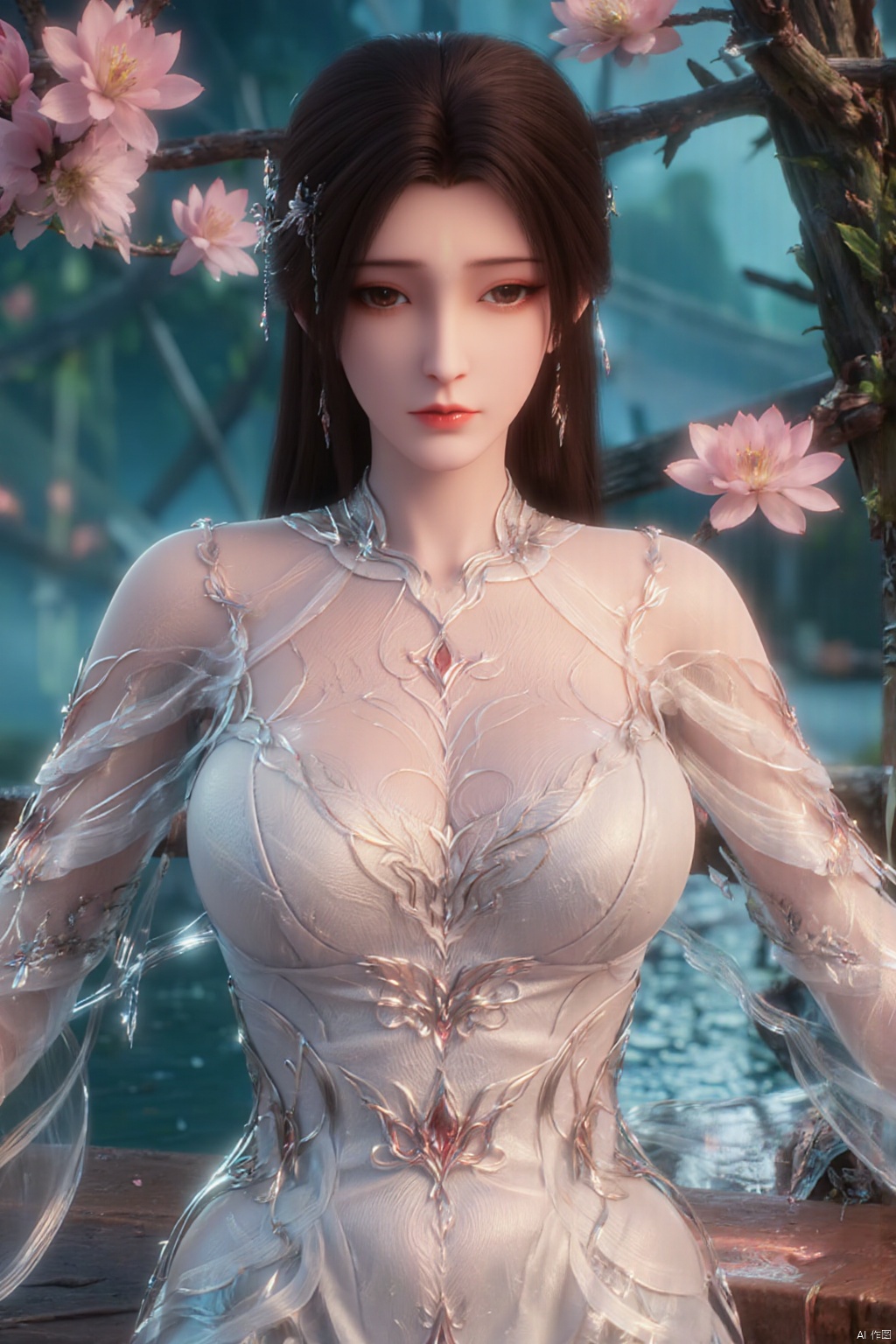  (1girl:1.1), (Lace pink-green skirt:1.39), on Stomach,aqua_earrings,Lights, lanterns, chang,(big breasts:1.59),hanfu, Best quality, Realistic, photorealistic, masterpiece, extremely detailed CG unity 8k wallpaper, best illumination, best shadow, huge filesize ,(huge breasts:1.69) incredibly absurdres, absurdres, looking at viewer, transparent, smog, gauze, vase, petals, room, ancient Chinese style, detailed background, wide shot background,
(((black hair))),(Sitting on the lotus pond porch:1.49) ,(A pond full of pink lotus flowers:1.5),close up of 1girl,Hairpins,hair ornament,hair wings,slim,narrow waist,perfect eyes,beautiful perfect face,pleasant smile,perfect female figure,detailed skin,charming,alluring,seductive,erotic,enchanting,delicate pattern,detailed complex and rich exquisite clothing detail,delicate intricate fabrics,
Morning Serenade In the gentle morning glow, (a woman in a pink lotus-patterned Hanfu stands in an indoor courtyard:1.36),(Chinese traditional dragon and phoenix embroidered Hanfu:1.3), admiring the tranquil garden scenery. The lotus-patterned Hanfu, embellished with silver-thread embroidery, is softly illuminated by the morning light. The light mint green Hanfu imparts a sense of calm and freshness, adorned with delicate lotus patterns, with a blurred background to enhance the peaceful atmosphere, song_hanfu, tang_hanfu, Yunxiao_Fairy,Xtianhuxiaobai,Xhuolinger,Xhuijin,Xdajisi,Xluxueqi,Xqmsht