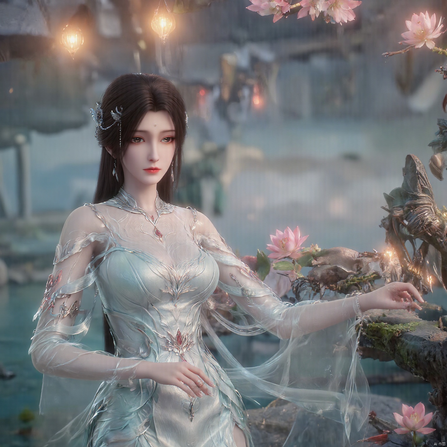  (1girl:1.1), (Lace pink-green skirt:1.39), on Stomach,aqua_earrings,Lights, lanterns, chang,(big breasts:1.59),hanfu, Best quality, Realistic, photorealistic, masterpiece, extremely detailed CG unity 8k wallpaper, best illumination, best shadow, huge filesize ,(huge breasts:1.69) incredibly absurdres, absurdres, looking at viewer, transparent, smog, gauze, vase, petals, room, ancient Chinese style, detailed background, wide shot background,
(((black hair))),(Sitting on the lotus pond porch:1.49) ,(A pond full of pink lotus flowers:1.5),close up of 1girl,Hairpins,hair ornament,hair wings,slim,narrow waist,perfect eyes,beautiful perfect face,pleasant smile,perfect female figure,detailed skin,charming,alluring,seductive,erotic,enchanting,delicate pattern,detailed complex and rich exquisite clothing detail,delicate intricate fabrics,
Morning Serenade In the gentle morning glow, (a woman in a pink lotus-patterned Hanfu stands in an indoor courtyard:1.36),(Chinese traditional dragon and phoenix embroidered Hanfu:1.3), admiring the tranquil garden scenery. The lotus-patterned Hanfu, embellished with silver-thread embroidery, is softly illuminated by the morning light. The light mint green Hanfu imparts a sense of calm and freshness, adorned with delicate lotus patterns, with a blurred background to enhance the peaceful atmosphere, song_hanfu, tang_hanfu, Yunxiao_Fairy,Xtianhuxiaobai,Xhuolinger,Xhuijin,Xdajisi,Xluxueqi,Xqmsht