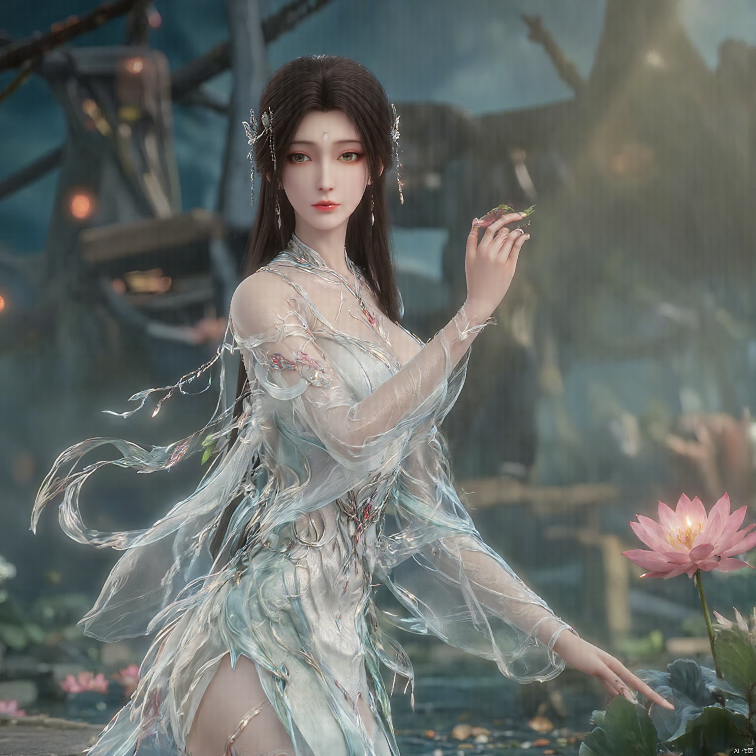  (1girl:1.1), (Lace pink-green skirt:1.39), on Stomach,aqua_earrings,Lights, lanterns, chang,(big breasts:1.59),hanfu, Best quality, Realistic, photorealistic, masterpiece, extremely detailed CG unity 8k wallpaper, best illumination, best shadow, huge filesize ,(huge breasts:1.69) incredibly absurdres, absurdres, looking at viewer, transparent, smog, gauze, vase, petals, room, ancient Chinese style, detailed background, wide shot background,
(((black hair))),(Sitting on the lotus pond porch:1.49) ,(A pond full of pink lotus flowers:1.5),close up of 1girl,Hairpins,hair ornament,hair wings,slim,narrow waist,perfect eyes,beautiful perfect face,pleasant smile,perfect female figure,detailed skin,charming,alluring,seductive,erotic,enchanting,delicate pattern,detailed complex and rich exquisite clothing detail,delicate intricate fabrics,
Morning Serenade In the gentle morning glow, (a woman in a pink lotus-patterned Hanfu stands in an indoor courtyard:1.36),(Chinese traditional dragon and phoenix embroidered Hanfu:1.3), admiring the tranquil garden scenery. The lotus-patterned Hanfu, embellished with silver-thread embroidery, is softly illuminated by the morning light. The light mint green Hanfu imparts a sense of calm and freshness, adorned with delicate lotus patterns, with a blurred background to enhance the peaceful atmosphere, song_hanfu, tang_hanfu, Yunxiao_Fairy,Xtianhuxiaobai,Xhuolinger,Xhuijin,Xdajisi,Xluxueqi,Xqmsht