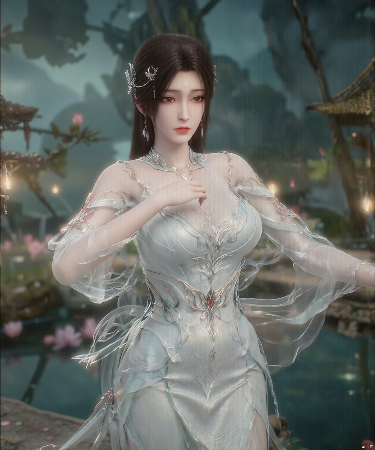  (1girl:1.1), (Lace pink-green skirt:1.39), on Stomach,aqua_earrings,Lights, lanterns, chang,(big breasts:1.59),hanfu, Best quality, Realistic, photorealistic, masterpiece, extremely detailed CG unity 8k wallpaper, best illumination, best shadow, huge filesize ,(huge breasts:1.69) incredibly absurdres, absurdres, looking at viewer, transparent, smog, gauze, vase, petals, room, ancient Chinese style, detailed background, wide shot background,
(((black hair))),(Sitting on the lotus pond porch:1.49) ,(A pond full of pink lotus flowers:1.5),close up of 1girl,Hairpins,hair ornament,hair wings,slim,narrow waist,perfect eyes,beautiful perfect face,pleasant smile,perfect female figure,detailed skin,charming,alluring,seductive,erotic,enchanting,delicate pattern,detailed complex and rich exquisite clothing detail,delicate intricate fabrics,
Morning Serenade In the gentle morning glow, (a woman in a pink lotus-patterned Hanfu stands in an indoor courtyard:1.36),(Chinese traditional dragon and phoenix embroidered Hanfu:1.3), admiring the tranquil garden scenery. The lotus-patterned Hanfu, embellished with silver-thread embroidery, is softly illuminated by the morning light. The light mint green Hanfu imparts a sense of calm and freshness, adorned with delicate lotus patterns, with a blurred background to enhance the peaceful atmosphere, song_hanfu, tang_hanfu, Yunxiao_Fairy,Xtianhuxiaobai,Xhuolinger,Xhuijin,Xdajisi,Xluxueqi,Xqmsht