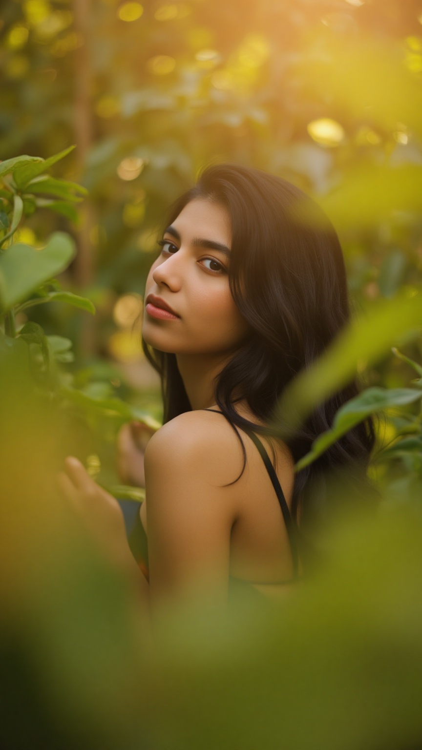 A stunning portrait of Kalyani Priyadarshan,  framed by a warm golden light. She sits serenely in a lush greenery-filled s...