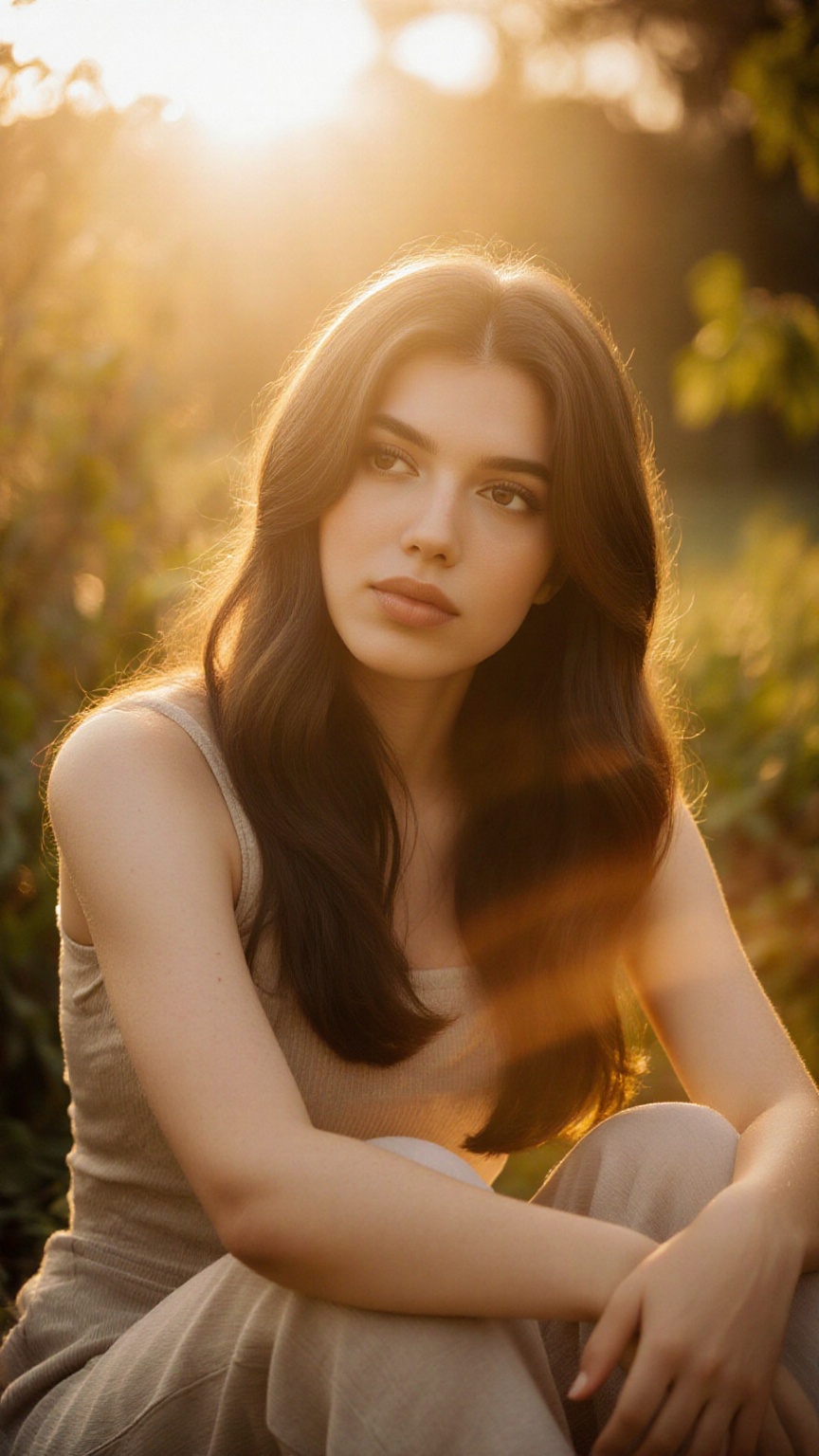 A stunning portrait of actress framed by a warm golden light. She sits serenely in a lush greenery-filled setting,  her lo...