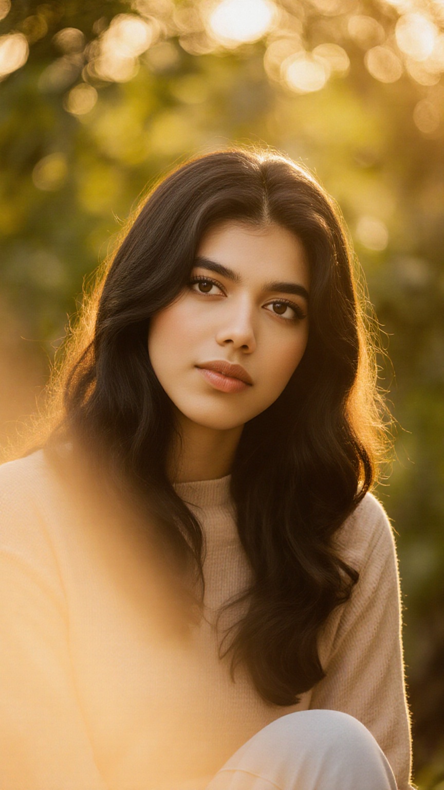 A stunning portrait of actress framed by a warm golden light. She sits serenely in a lush greenery-filled setting,  her lo...