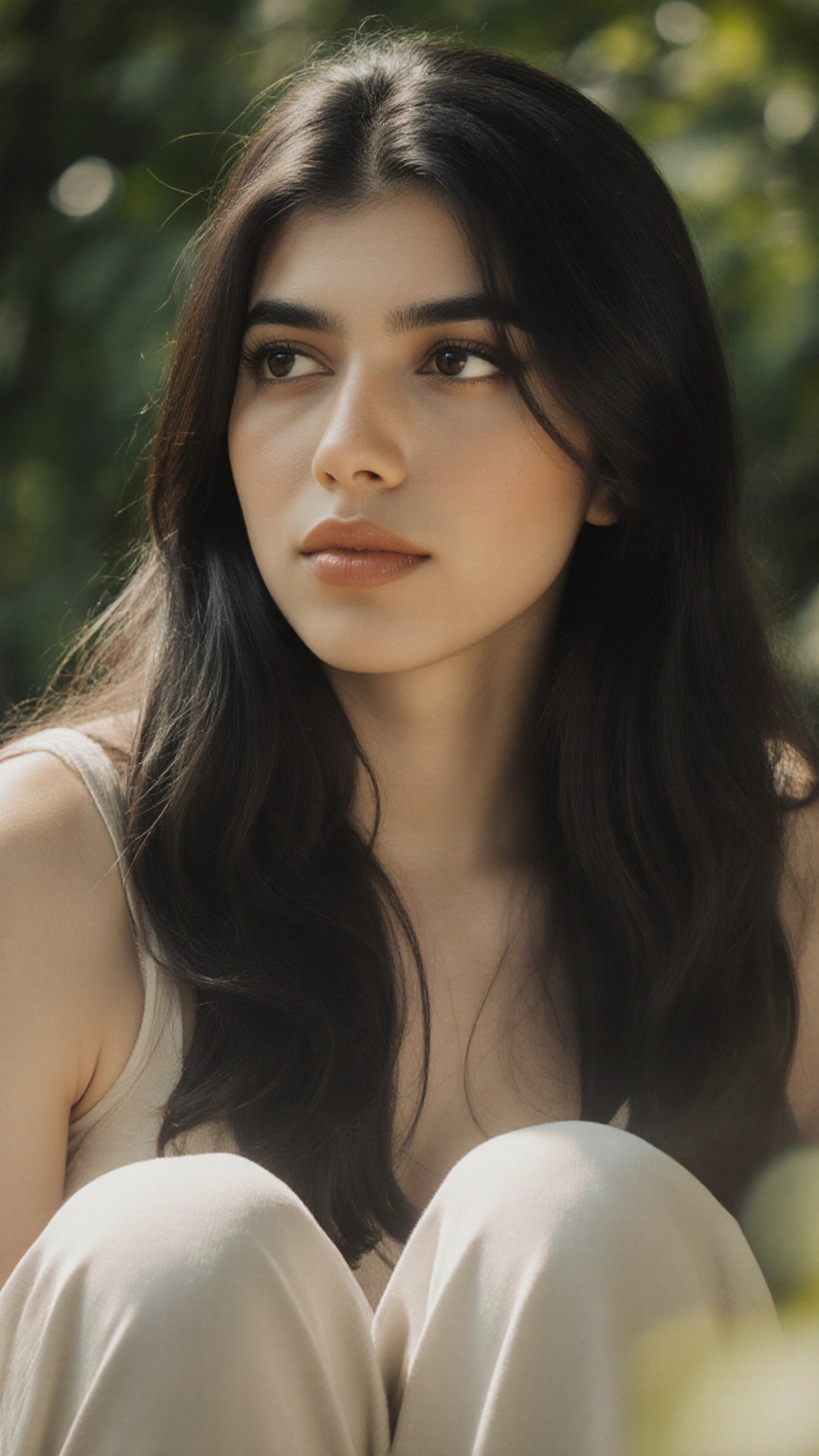 A stunning portrait of actress framed by a cool light. She sits serenely in a lush greenery-filled setting,  her long hair...