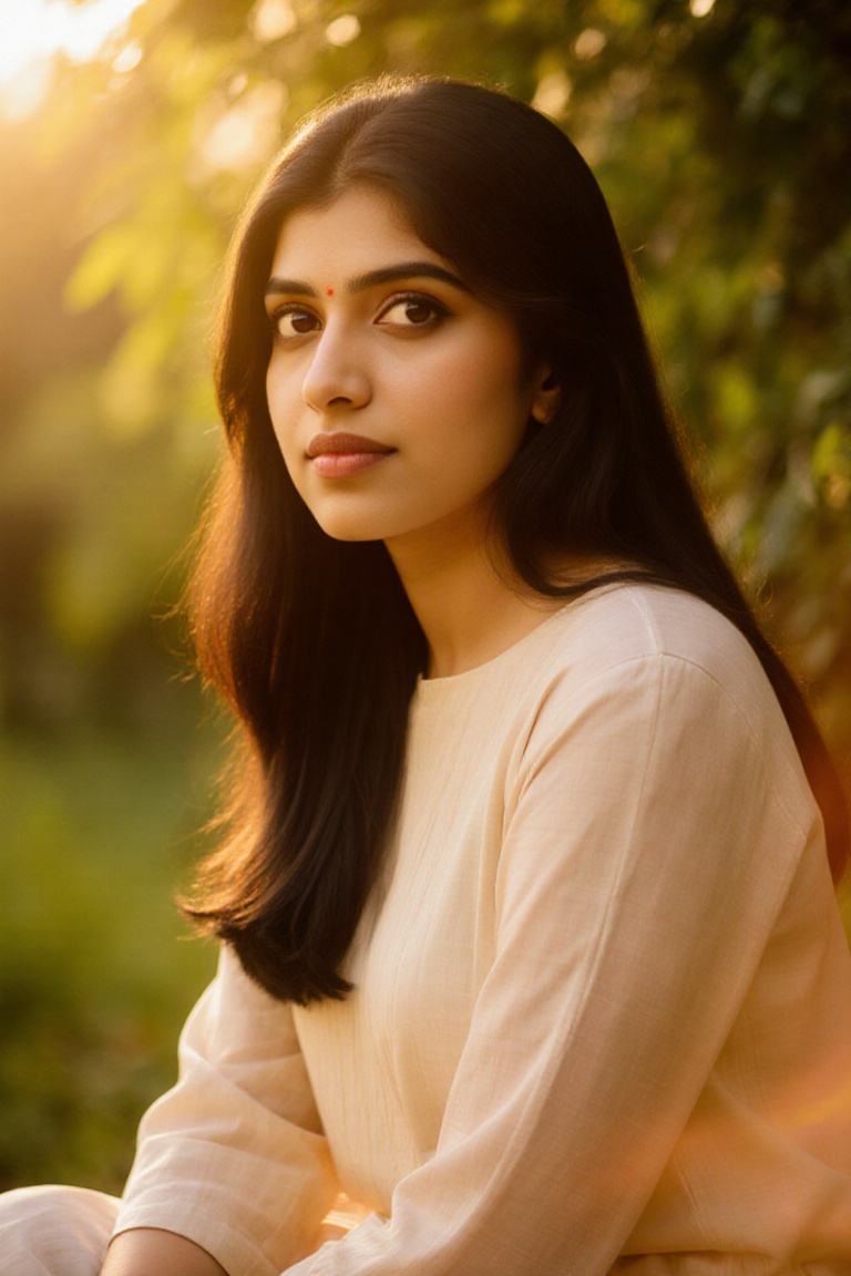 A stunning portrait of Kalyani Priyadarshan,  framed by a warm golden light. She sits serenely in a lush greenery-filled s...