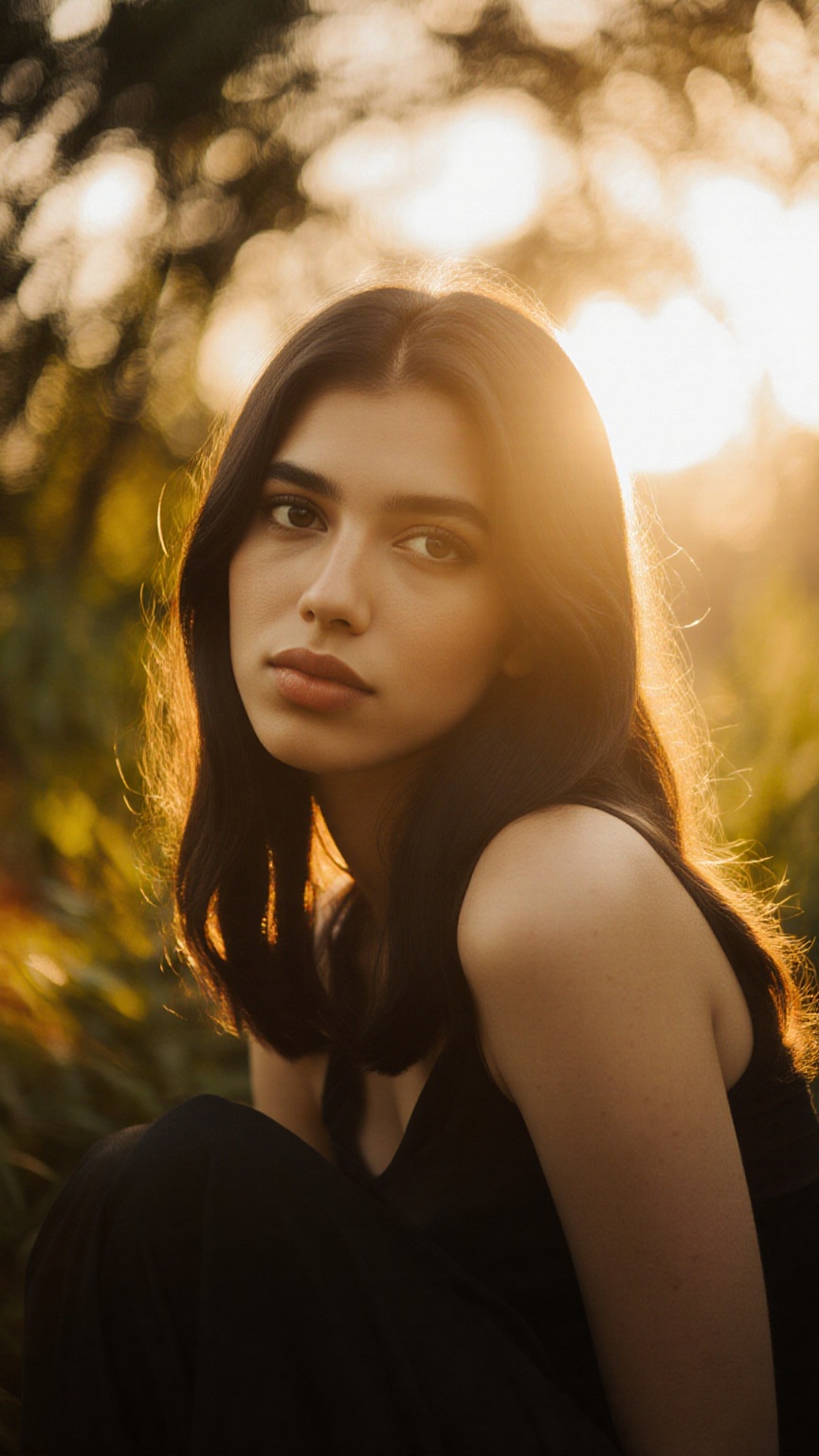 A stunning portrait of actress framed by a warm golden light. She sits serenely in a lush greenery-filled setting,  her lo...