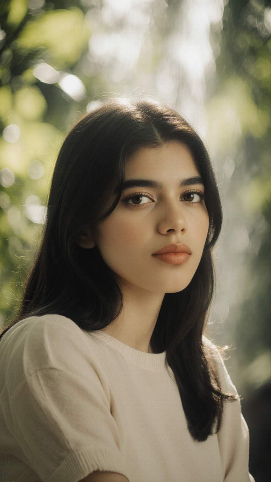A stunning portrait of actress framed by a cool light. She sits serenely in a lush greenery-filled setting,  her long hair...