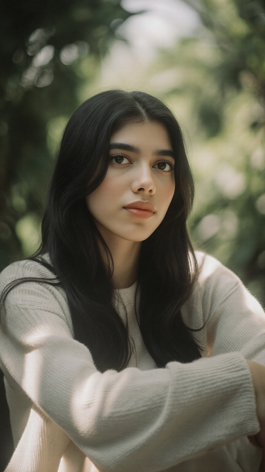 A stunning portrait of actress framed by a cool light. She sits serenely in a lush greenery-filled setting,  her long hair...