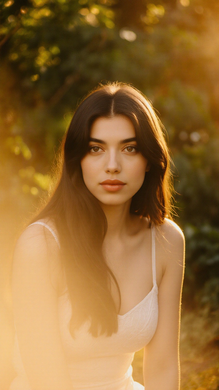 A stunning portrait of actress framed by a warm golden light. She sits serenely in a lush greenery-filled setting,  her lo...