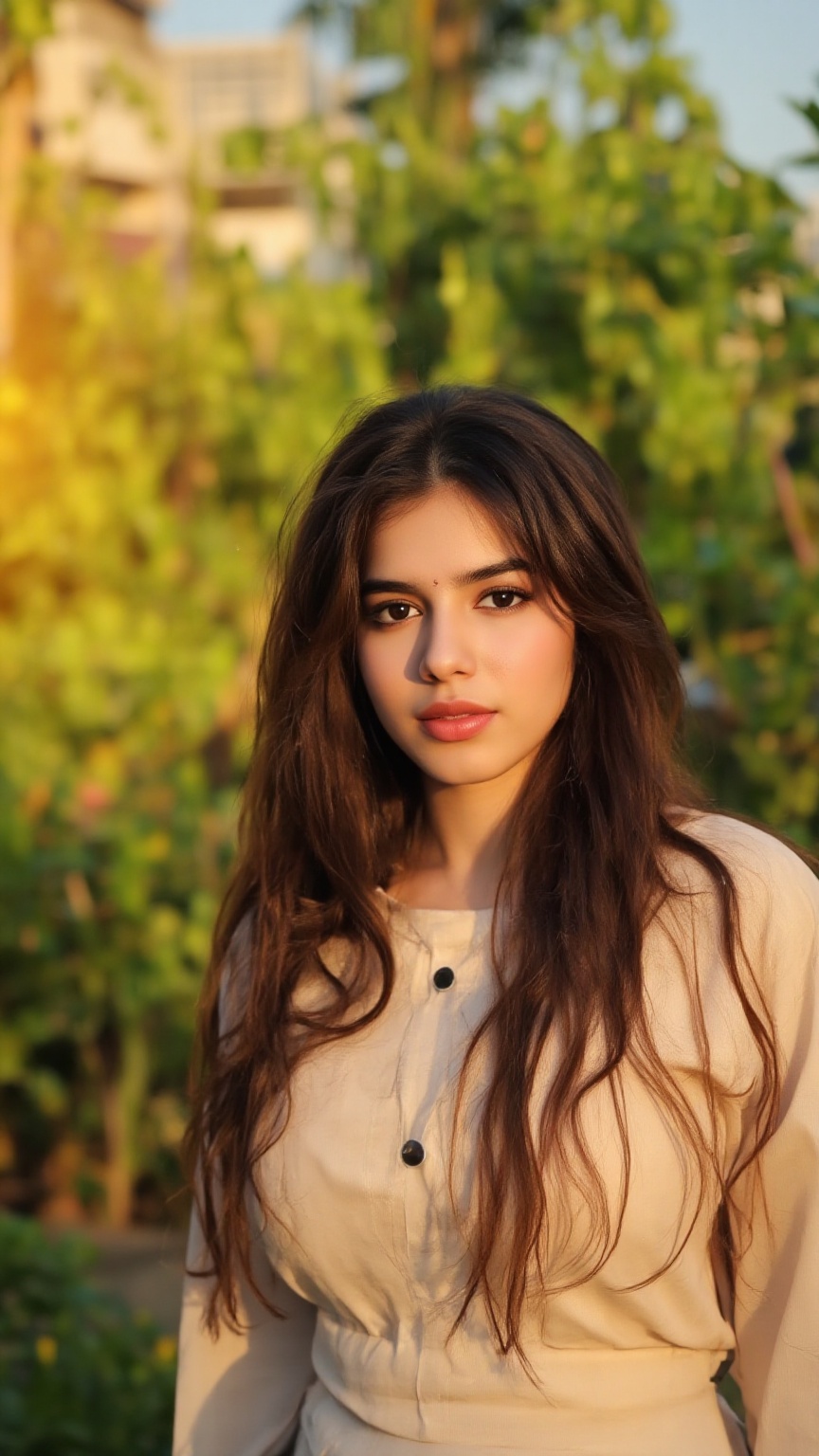 A stunning portrait of Kalyani Priyadarshan,  framed by a warm golden light. She sits serenely in a lush greenery-filled s...