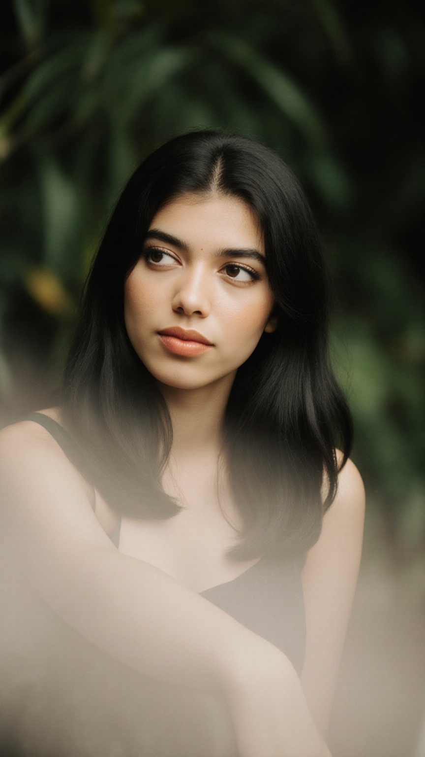 A stunning portrait of actress framed by a cool light. She sits serenely in a lush greenery-filled setting,  her long hair...