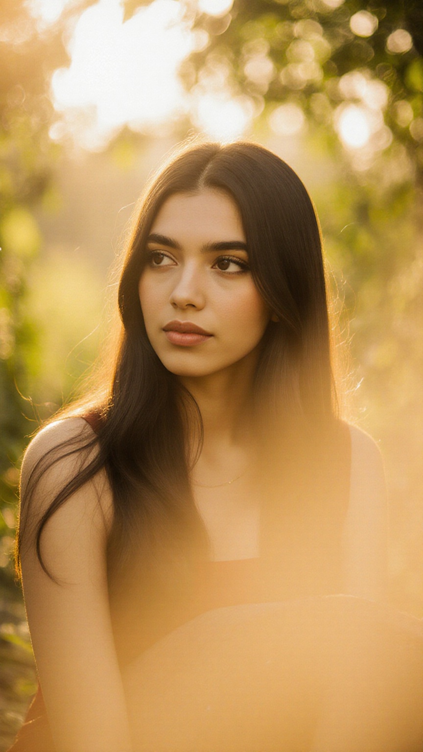 A stunning portrait of actress framed by a warm golden light. She sits serenely in a lush greenery-filled setting,  her lo...