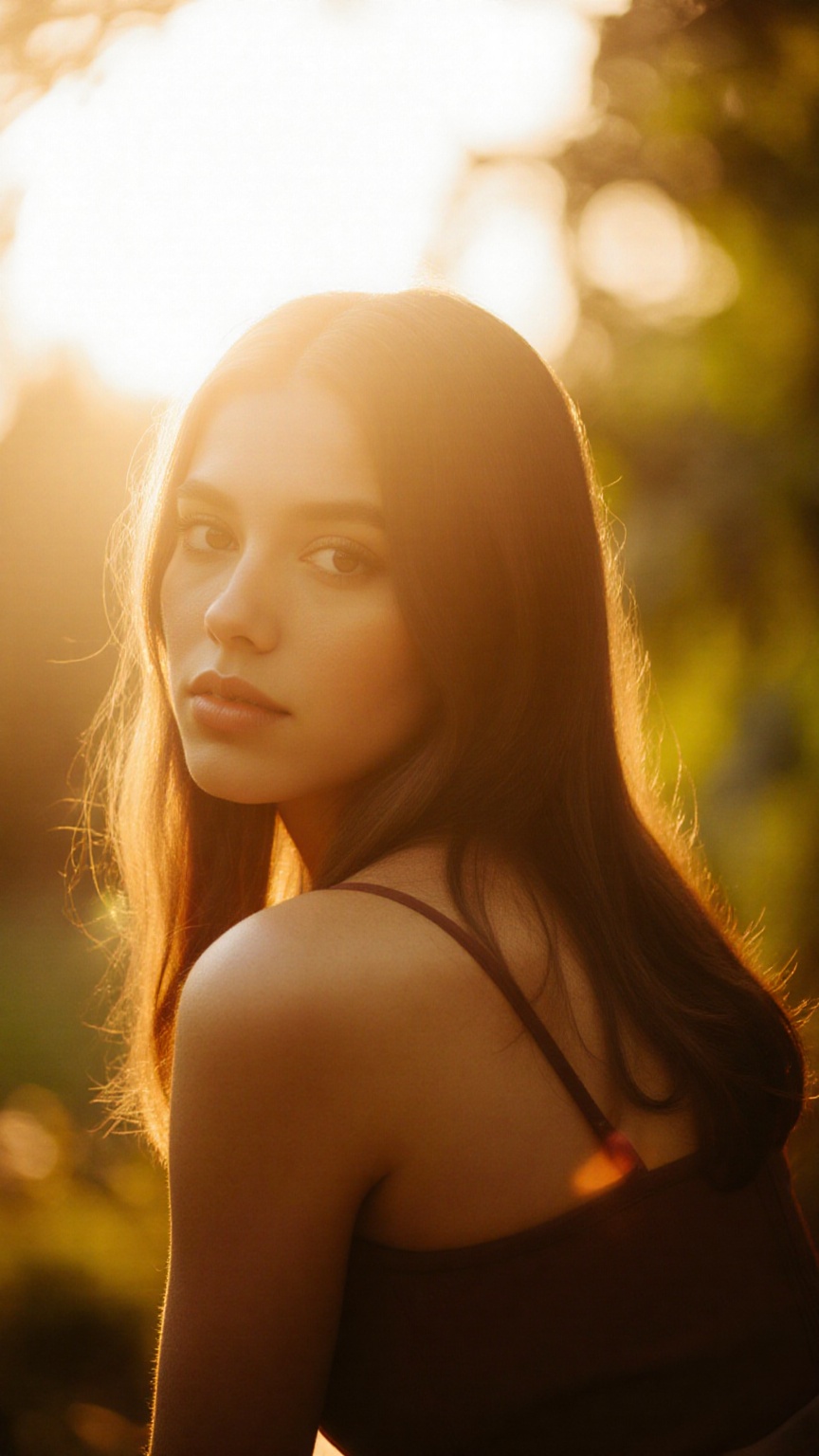 A stunning portrait of actress framed by a warm golden light. She sits serenely in a lush greenery-filled setting,  her lo...