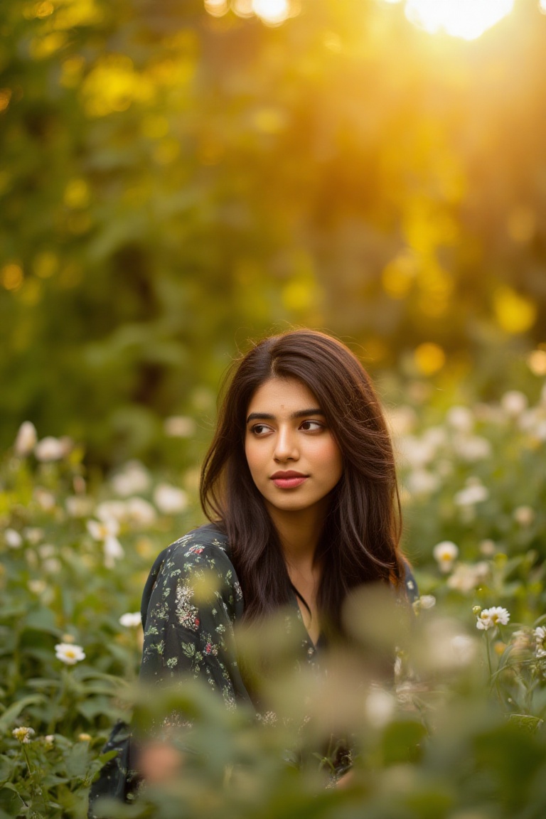 A stunning portrait of Kalyani Priyadarshan,  framed by a warm golden light. She sits serenely in a lush greenery-filled s...