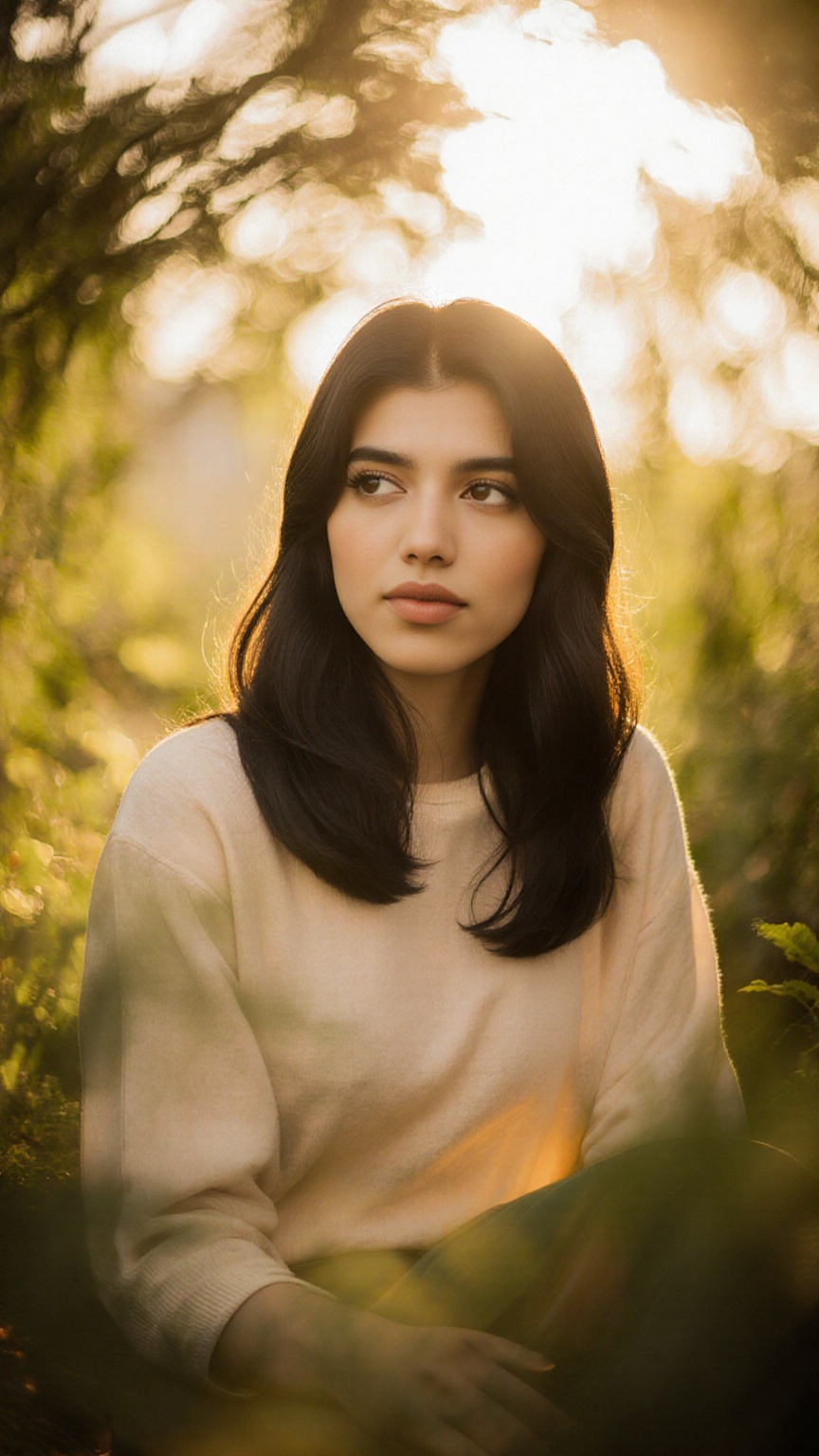 A stunning portrait of actress framed by a warm golden light. She sits serenely in a lush greenery-filled setting,  her lo...