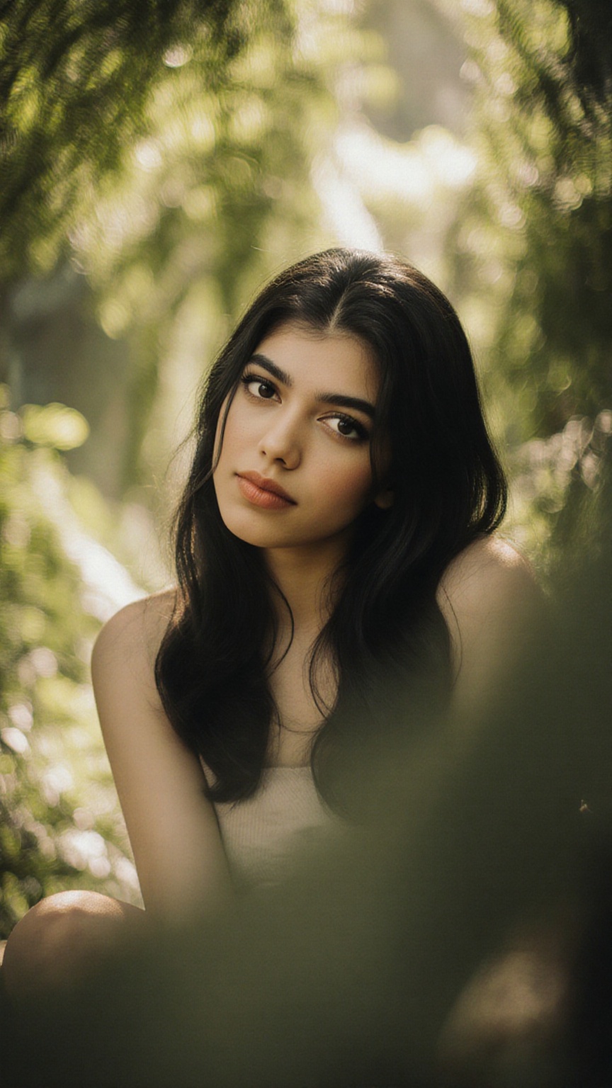 A stunning portrait of actress framed by a natural light. She sits serenely in a lush greenery-filled setting,  her long h...