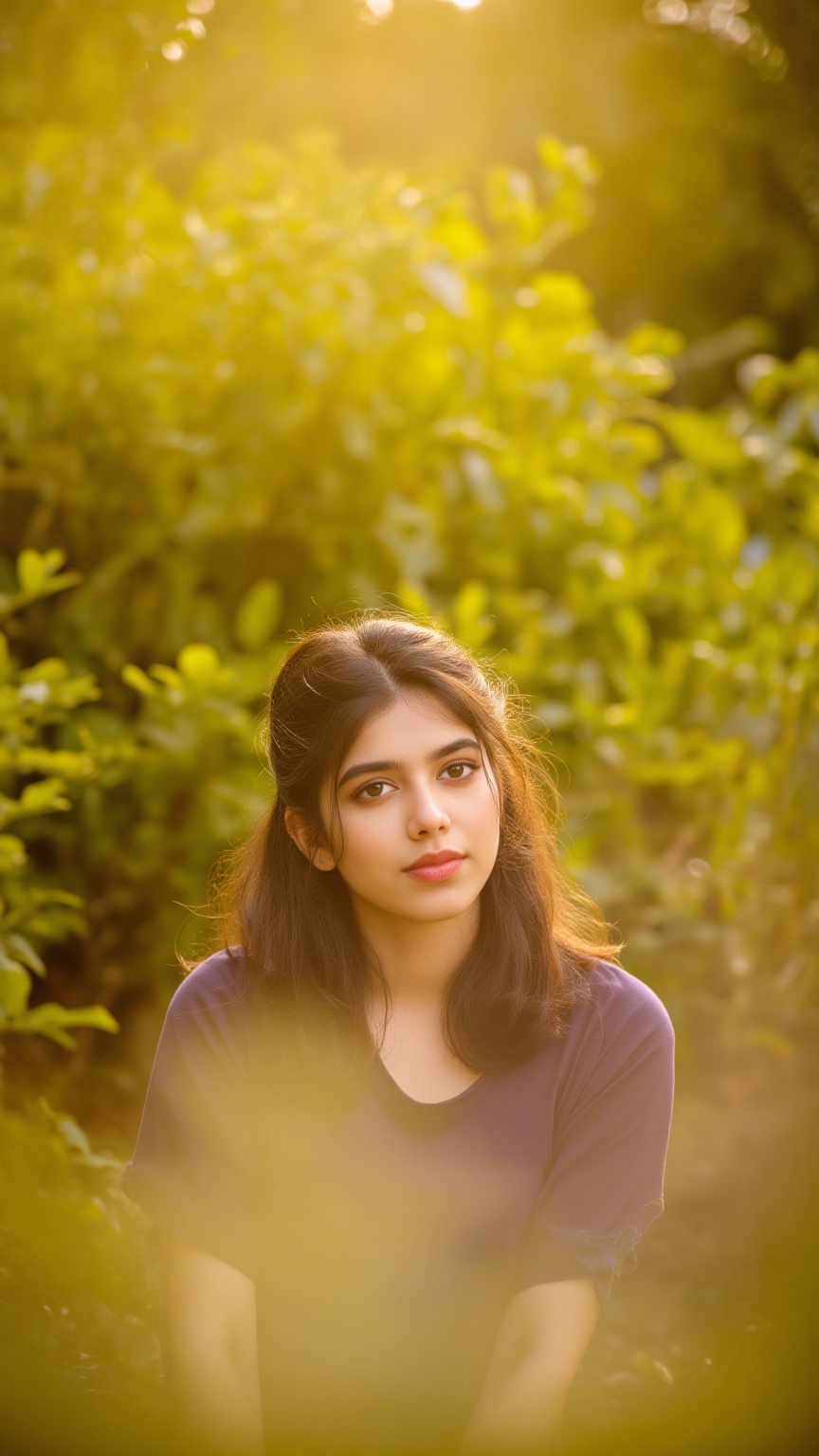 A stunning portrait of Kalyani Priyadarshan,  framed by a warm golden light. She sits serenely in a lush greenery-filled s...