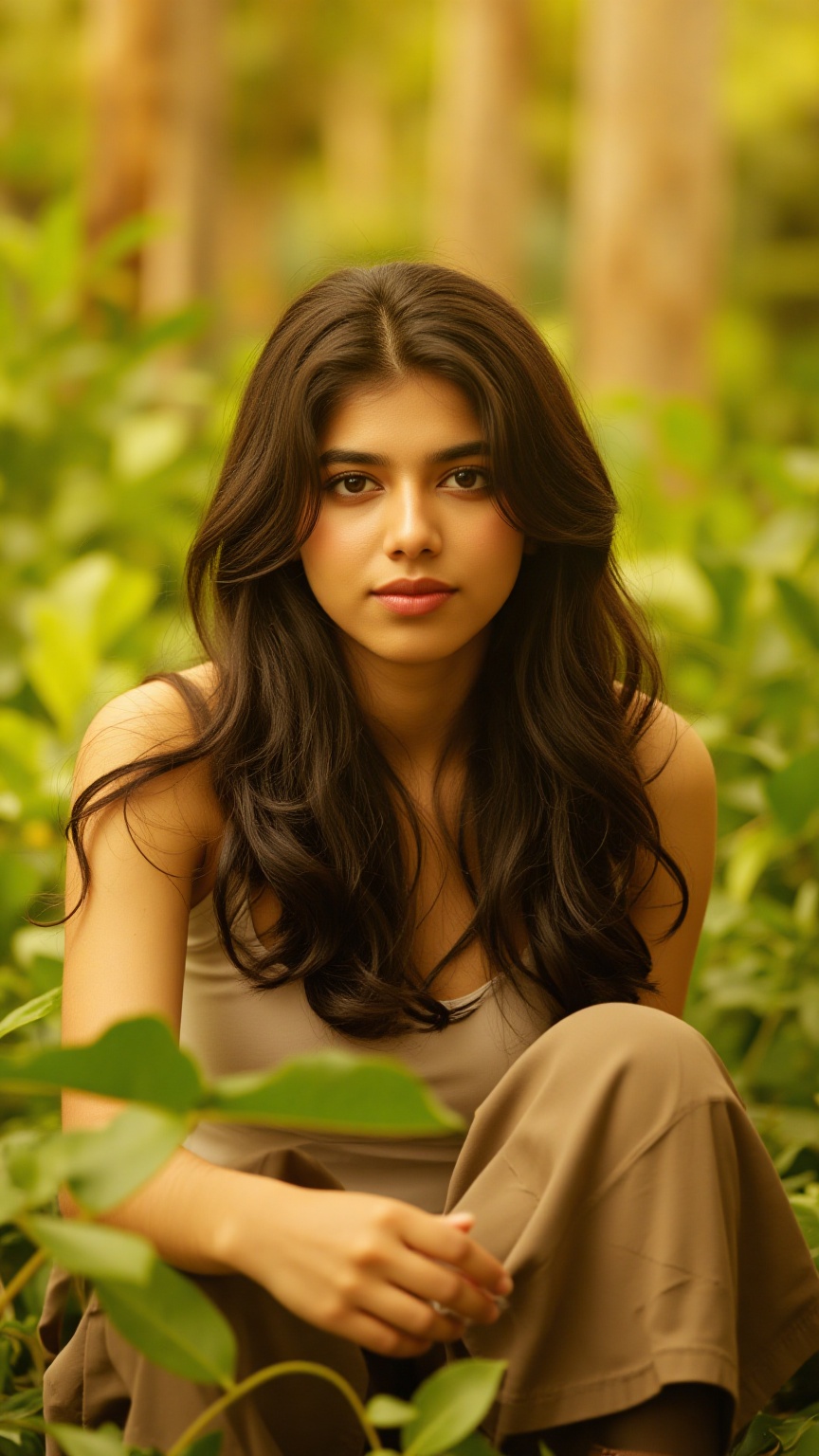 A stunning portrait of Kalyani Priyadarshan,  framed by a warm golden light. She sits serenely in a lush greenery-filled s...