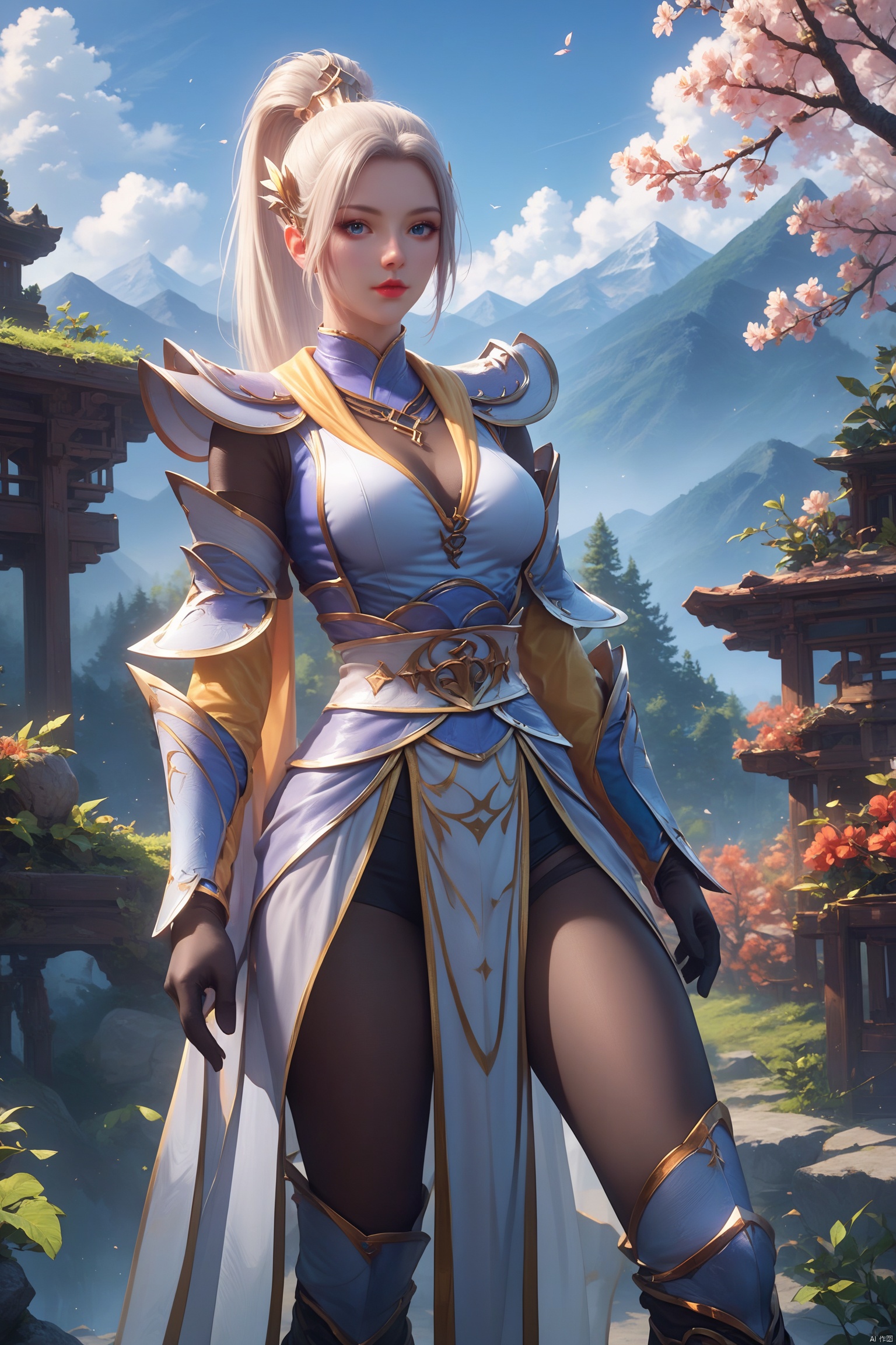 score_9, score_8_up, score_7_up,highly detailed digital, 1girl, solo, long hair, breasts, looking at viewer, blue eyes, hair ornament, medium breasts, full body, ponytail, outdoors, sky, day, armor, blue sky, mountain, red lips
