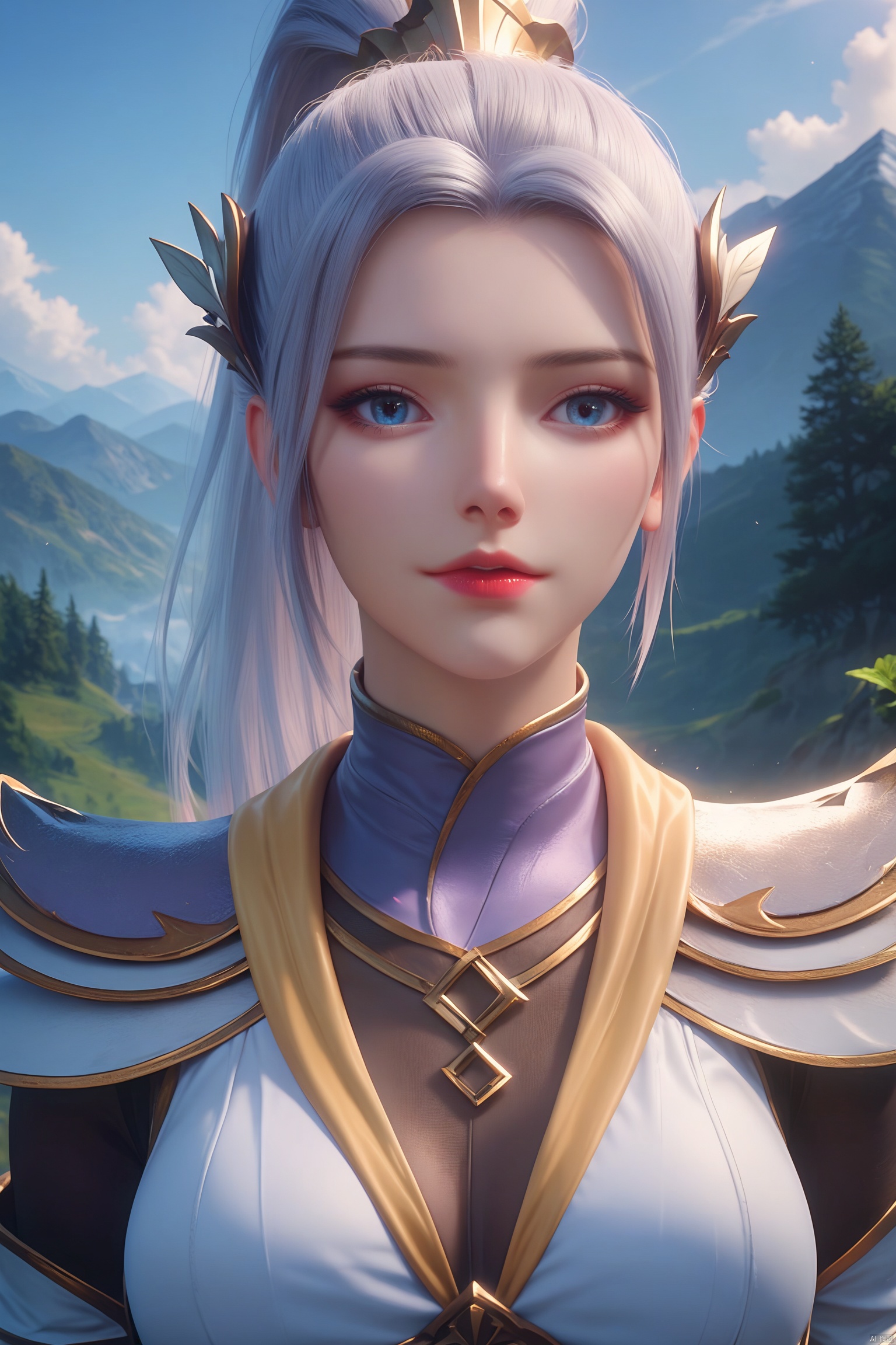 score_9, score_8_up, score_7_up,highly detailed digital, 1girl, solo, long hair, breasts, looking at viewer, blue eyes, hair ornament, medium breasts, upper body, ponytail, outdoors, sky, day, armor, blue sky, mountain, red lips