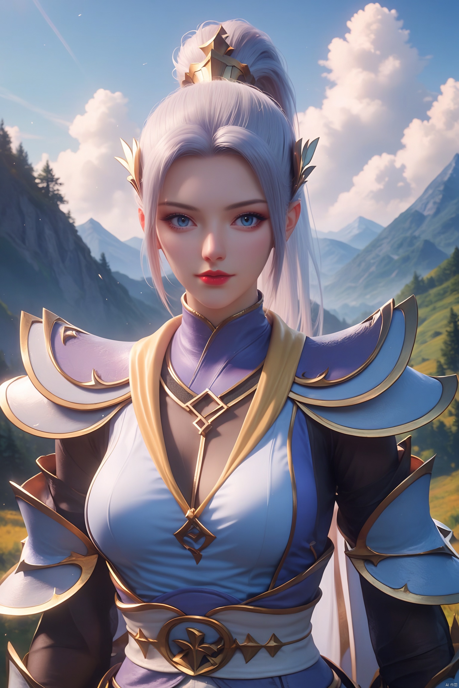 score_9, score_8_up, score_7_up,highly detailed digital, 1girl, solo, long hair, breasts, looking at viewer, blue eyes, hair ornament, medium breasts, upper body, ponytail, outdoors, sky, day, armor, blue sky, mountain, red lips