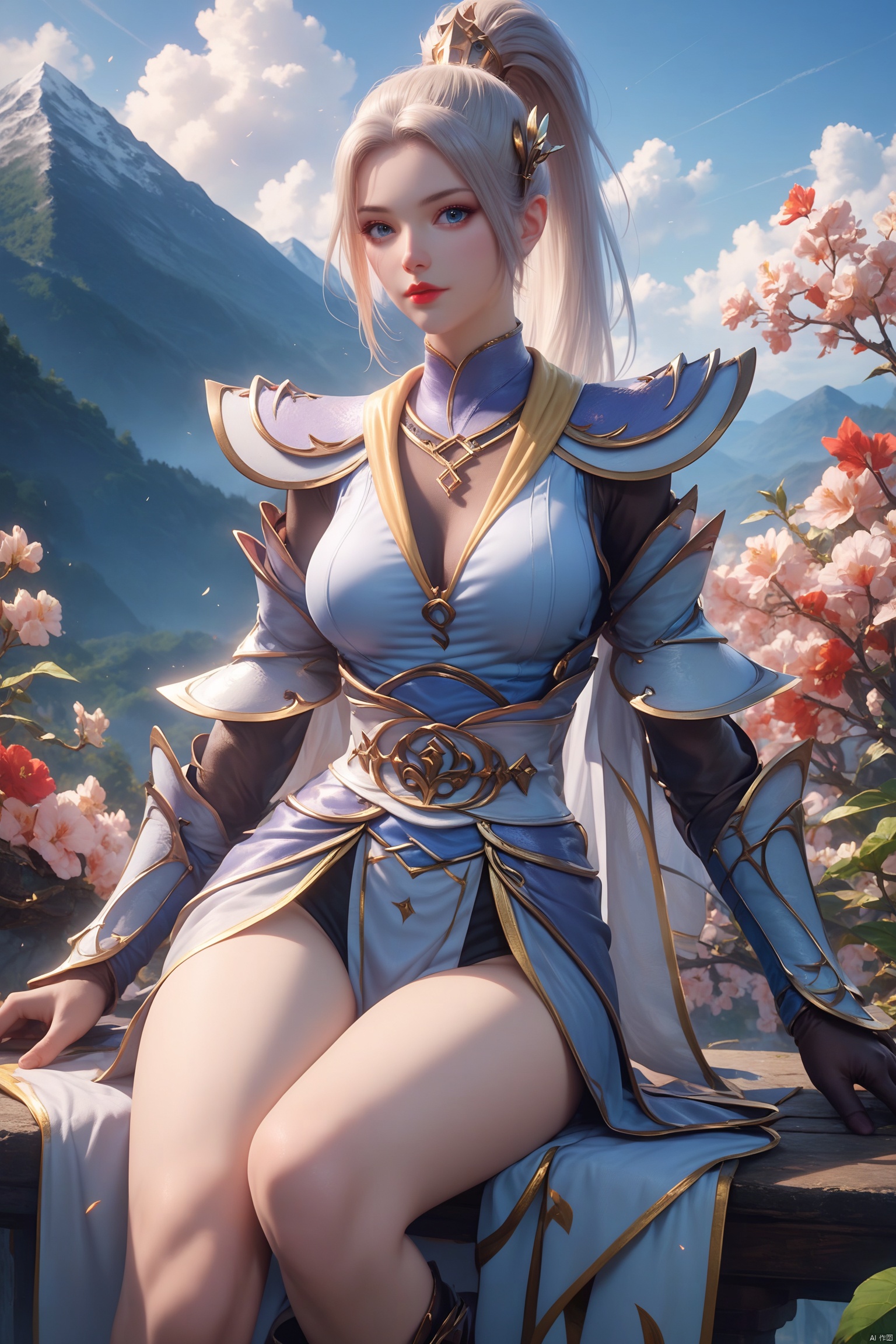 score_9, score_8_up, score_7_up,highly detailed digital, 1girl, solo, long hair, breasts, looking at viewer, blue eyes, hair ornament, medium breasts, full body, ponytail, outdoors, sky, day, armor, blue sky, mountain, red lips