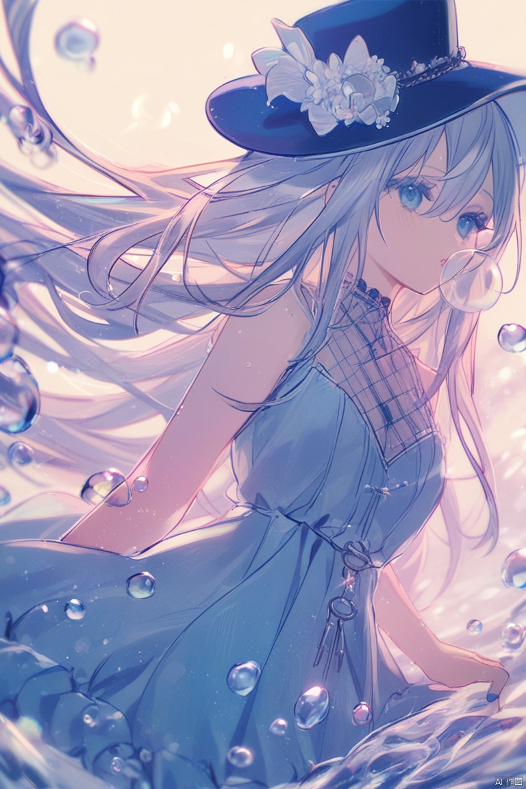 1girl, nail_polish, solo, long_hair, blue_nails, water, hat, bubble_blowing, dress, bubble, parted_lips, blue_theme