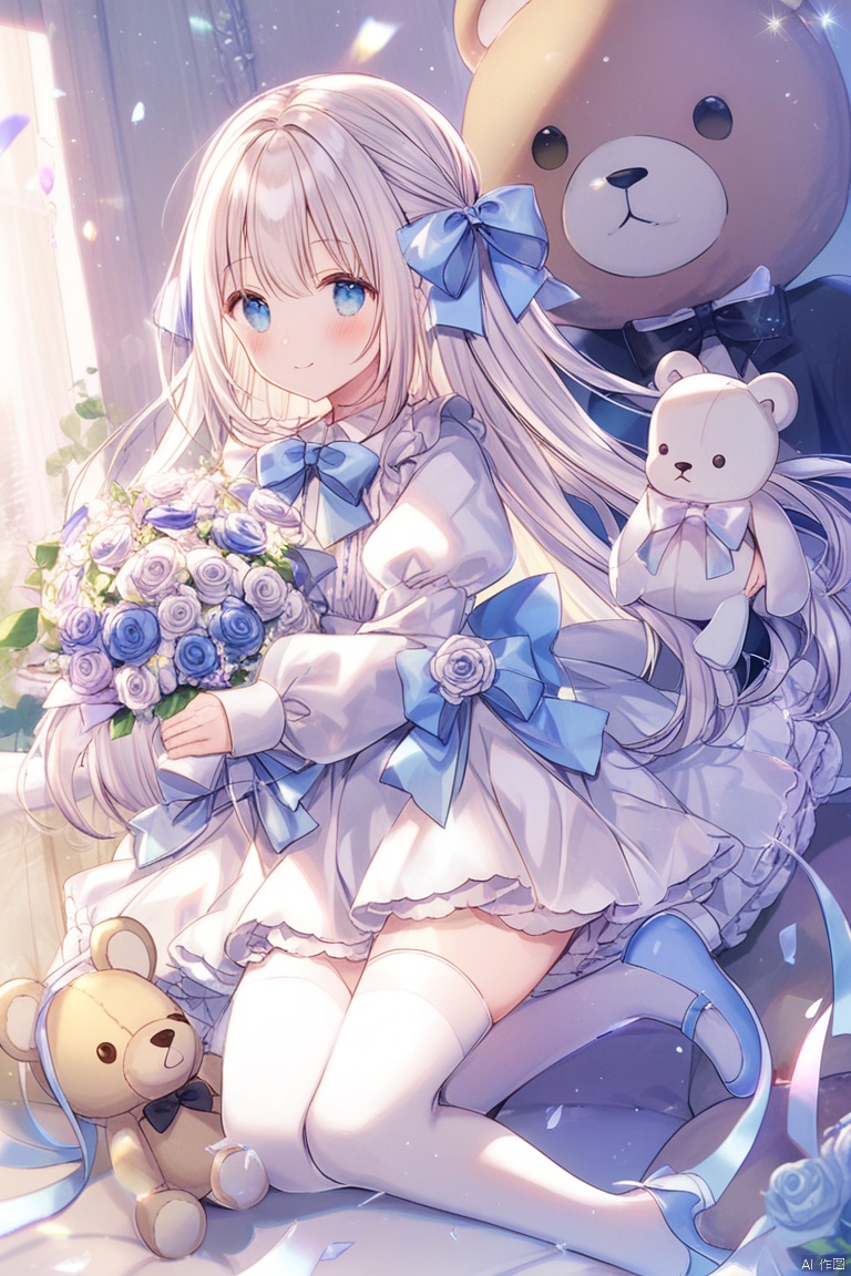 1girl, white_dress, white_legwear, blue_flower, smile, white_rose, long_hair, blush, bow, closed_mouth, stuffed_bunny, purple_rose, shoes, long_sleeves, blue_bow, white_footwear, holding, puffy_sleeves, thighhighs, blue_eyes, white_flower,stuffed_toy, stuffed_animal, rose, bouquet, teddy_bear, blue_rose, flower, dress, 