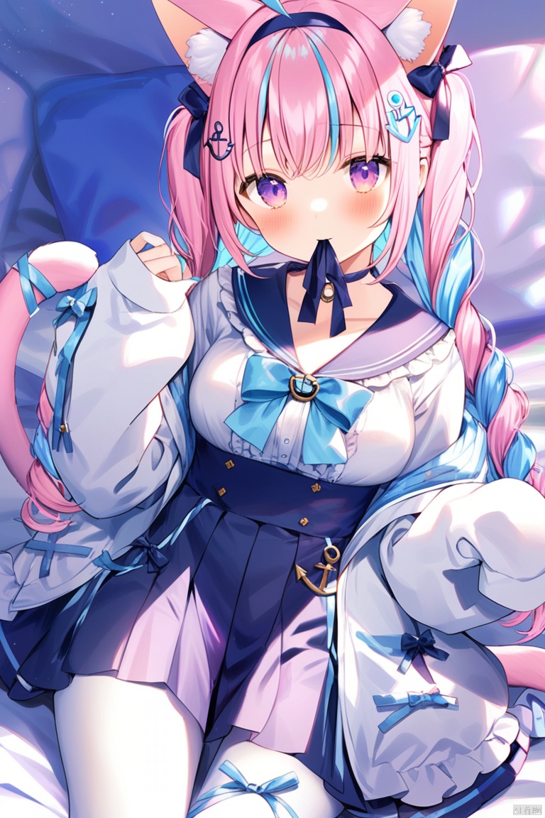 1girl, solo, long hair, breasts, looking at viewer, blush, bangs, skirt, shirt, hair ornament, long sleeves, bow, ribbon, animal ears, twintails, medium breasts, blue hair, purple eyes, jacket, tail, white shirt, pink hair, braid, ahoge, pantyhose, multicolored hair, cowboy shot, pleated skirt, hairband, frills, open clothes, choker, virtual youtuber, cat ears, sailor collar, nail polish, twin braids, two-tone hair, open jacket, blue skirt, streaked hair, cat tail, animal ear fluff, sleeves past wrists, blue bow, mouth hold, white jacket, cat girl, blue nails, white pantyhose, high-waist skirt, anchor symbol, ribbon choker, blue hairband, anchor hair ornament, tail ribbon, frilled sailor collar, minato aqua