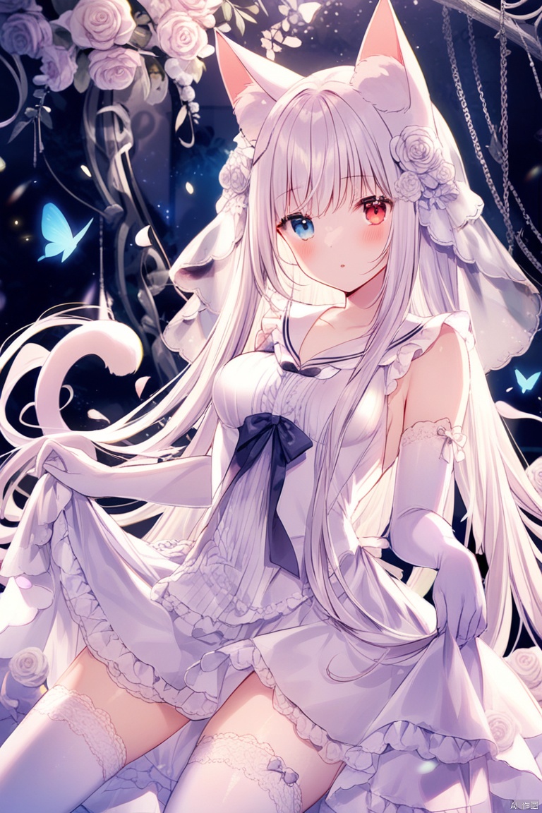 1girl, solo, long hair, breasts, looking at viewer, blush, bangs, blue eyes, hair ornament, red eyes, thighhighs, gloves, dress, bow, animal ears, medium breasts, very long hair, collarbone, tail, flower, white hair, frills, parted lips, sleeveless, elbow gloves, cat ears, white gloves, hair flower, sailor collar, white dress, white thighhighs, animal ear fluff, petals, sleeveless dress, rose, chain, heterochromia, bug, white bow, white flower, cat girl, butterfly, veil, skirt hold, white rose, white theme