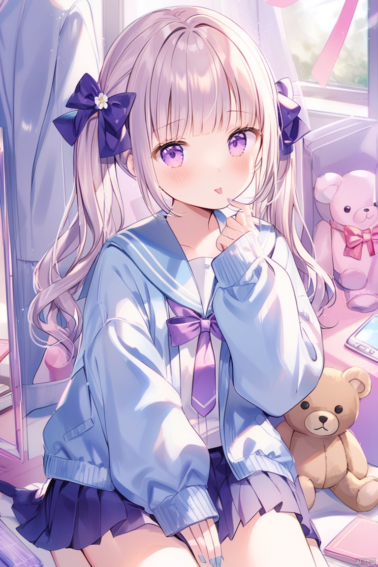 1girl, solo, long hair, looking at viewer, blush, bangs, skirt, shirt, hair ornament, long sleeves, bow, twintails, sitting, school uniform, purple eyes, jacket, white shirt, flower, hair bow, heart, pleated skirt, open clothes, necktie, serafuku, tongue, socks, puffy sleeves, indoors, hand up, tongue out, blunt bangs, sailor collar, star \(symbol\), nail polish, open jacket, sleeves past wrists, book, rose, blue bow, phone, stuffed toy, stuffed animal, cellphone, white flower, blue jacket, box, :p, puffy long sleeves, purple bow, teddy bear, mirror