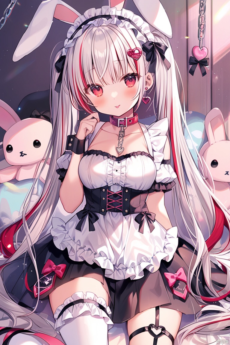 1girl, solo, long hair, breasts, looking at viewer, blush, bangs, skirt, hair ornament, red eyes, thighhighs, dress, bow, animal ears, bare shoulders, twintails, jewelry, very long hair, closed mouth, white hair, heart, red hair, multicolored hair, pleated skirt, hairband, earrings, small breasts, frills, detached sleeves, tongue, hand up, tongue out, black skirt, rabbit ears, apron, collar, white thighhighs, streaked hair, wrist cuffs, black bow, fake animal ears, chain, eyepatch, stuffed toy, stuffed animal, black hairband, single thighhigh, white apron, :p, asymmetrical legwear, frilled apron, heart hair ornament, stuffed bunny, heart earrings, frilled hairband, akanbe