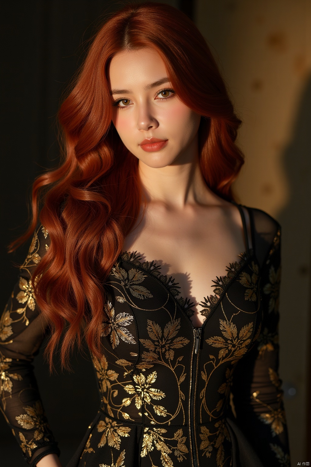 1lady,cowboy shot,8k, portrait of beautiful girlwith red hair, intricate, elegant, highly detailed, majestic, digital photography, art by  greg rutkowski surreal painting gold lines filigree, broken flowers, (masterpiece, sidelighting, finely detailed beautiful eyes: 1.2),sunshine,((long black dress))