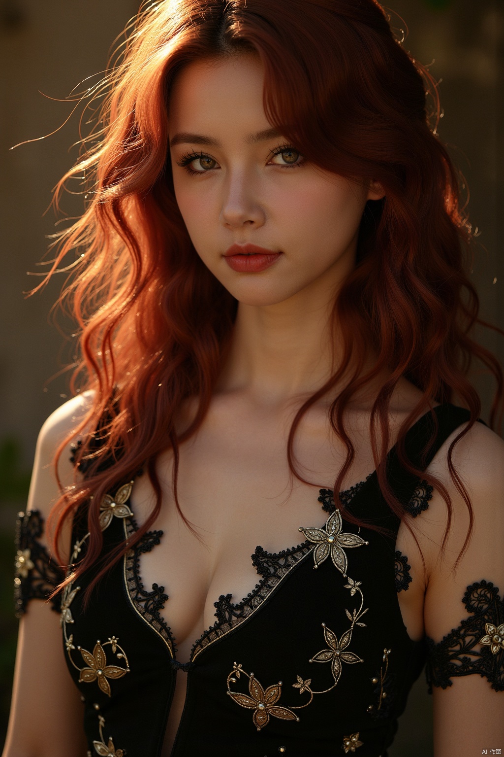 1lady,cowboy shot,8k, portrait of beautiful girlwith red hair, intricate, elegant, highly detailed, majestic, digital photography, art by  greg rutkowski surreal painting gold lines filigree, broken flowers, (masterpiece, sidelighting, finely detailed beautiful eyes: 1.2),sunshine,((long black dress))