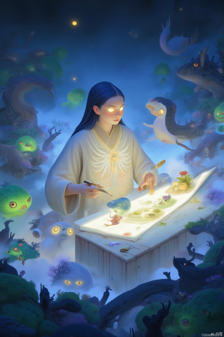 In this revised scene, the female character with long blue hair, now exhibiting a fierce yet serene expression, stands at the brink of the underworld, her body tense with the intensity of her artistic endeavor. Her eyes, still glowing yellow with wisdom and insight, are narrowed slightly in concentration, as if she's peering into the very fabric of existence to capture its essence. Her lips are pressed into a firm line, betraying her unwavering determination to bring this work to life.

She leans over the ancient stone table, her flawless white robe billowing slightly around her like a cloud of purity amidst the darkness. The golden necklace glimmers more brightly against her chest, casting a warm glow that illuminates her surroundings and accentuates the contrast between light and shadow.

On the table, the colorful bird remains perched, its gaze now fixed intently on the woman's brushstrokes, as if it too is awaiting the completion of this remarkable creation. The small objects scattered around the bird seem to hold even more significance now, their intricate details inspiring the woman's every move.

As she wields her paintbrush with a renewed vigor, her strokes become more forceful yet precise, each one imbued with a deep emotional resonance. She doesn't just capture the images of the strange creatures lurking in the misty background; she captures their spirits, their struggles, and their interconnectedness. The canvas beneath her hand begins to hum with life, as if the creatures themselves are being summoned forth.

The mist swirls and shifts, revealing more of the underworld's denizens—the emerald green fish darting gracefully, the fiery snakes slithering with a primal energy. Yet amidst this chaos, the woman remains focused, her every movement a testament to her mastery over this otherworldly realm.

In this moment, she is not just an artist; she is a conduit, a bridge between the worlds of life and death, giving form to the unseen and the unknown. And as her masterpiece takes shape, the underworld itself seems to reverberate with the power of her creation, as if it has been forever changed by the beauty and truth she has brought into being.,yt dream style