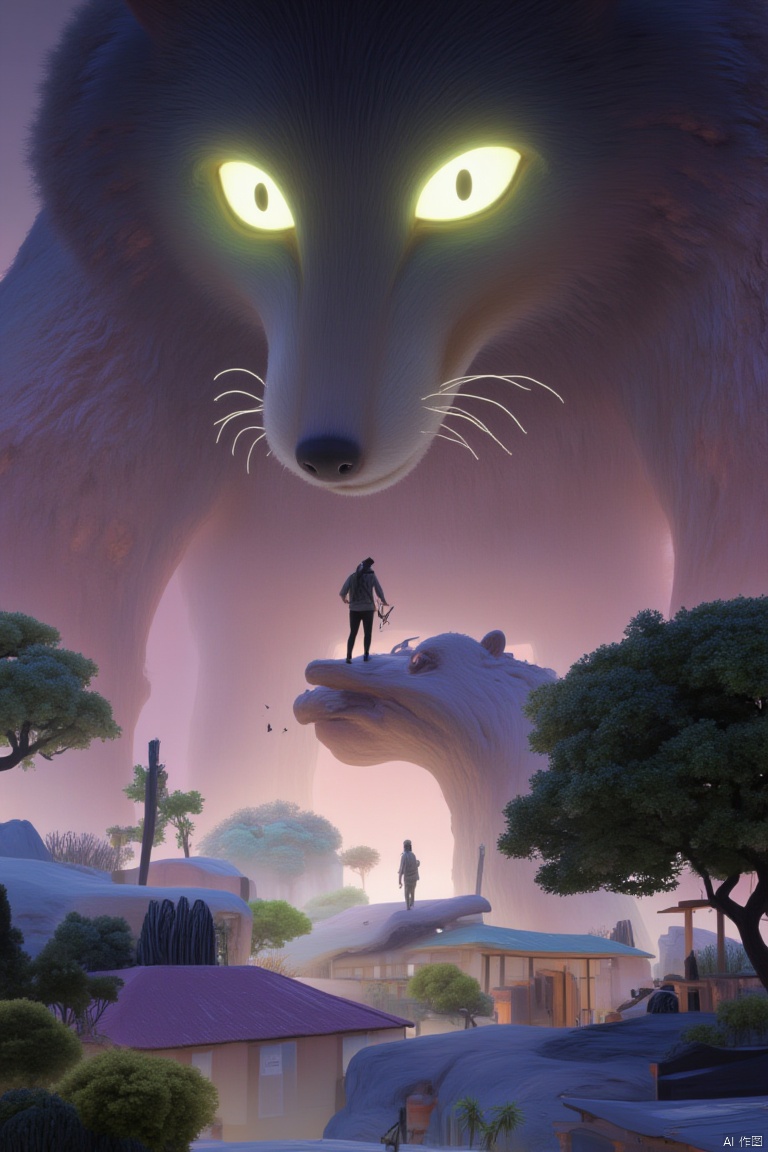 Rendering of a man standing on the arms of a giant fox demon. The man was wearing a gray jacket, black pants and a black hat. He holds a bow in his right hand. The vixen's head is adorned with glowing yellow eyes. The background is dark pink and the scene is illuminated by artificial light. There are trees, shrubs and small buildings in the foreground. The scene is set against a pink sky.